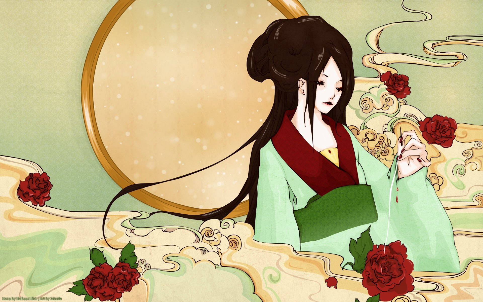 Geisha 桌布 壁紙 — 一位寧靜的動漫女子身穿傳統長袍，坐在旋轉的雲朵和紅玫瑰之間，手持一條精緻的線。
