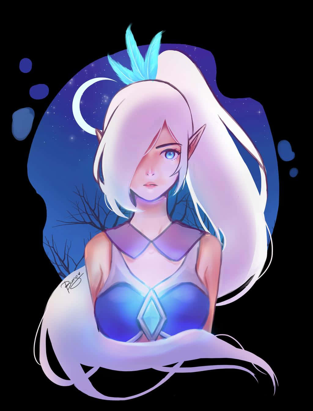 Mobile Legends 動態圖 桌布 壁紙 — 一位寧靜的動漫女孩，擁有發光的藍色眼睛和飄逸的白髮，站在星空夜晚背景前，伴隨著一彎新月。