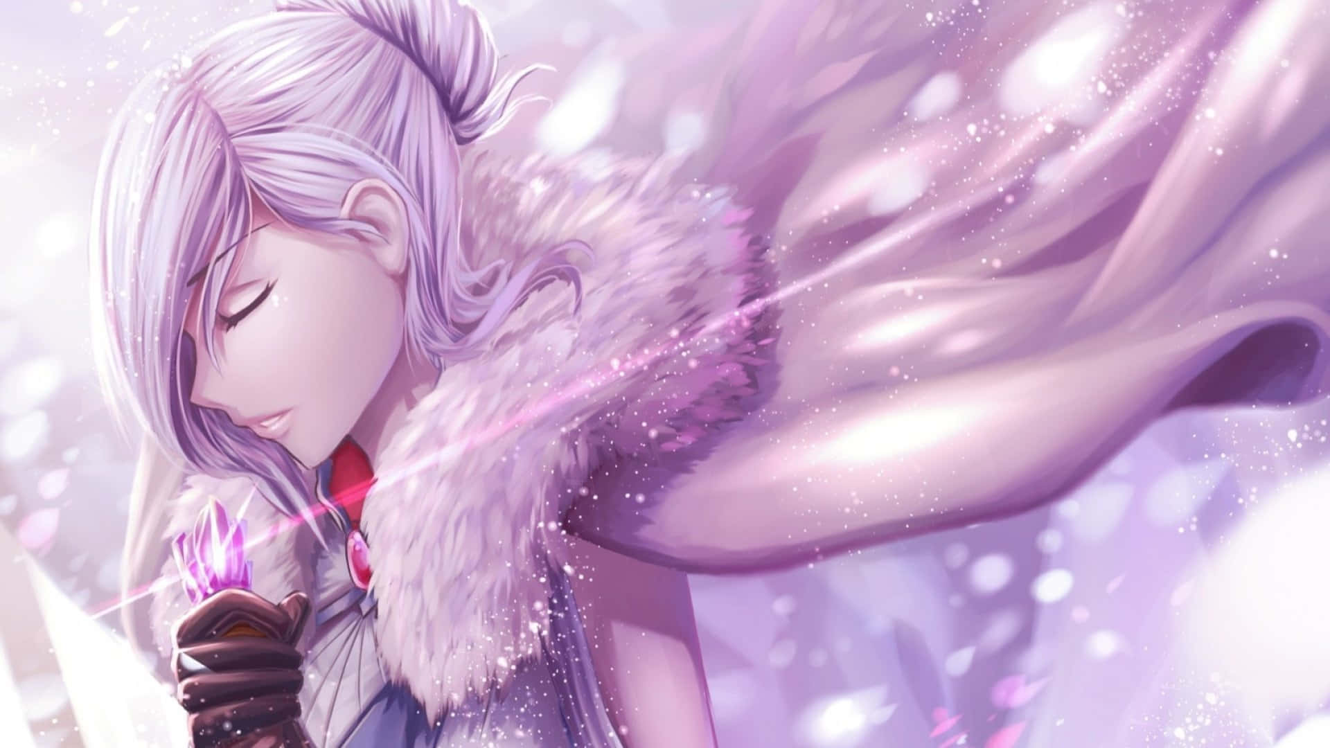 Rwby 桌布 壁紙 — 一位寧靜的動漫女孩，擁有薰衣草色頭髮和毛皮襯裡斗篷，手持發光水晶，柔和的光粒子在她周圍旋轉。