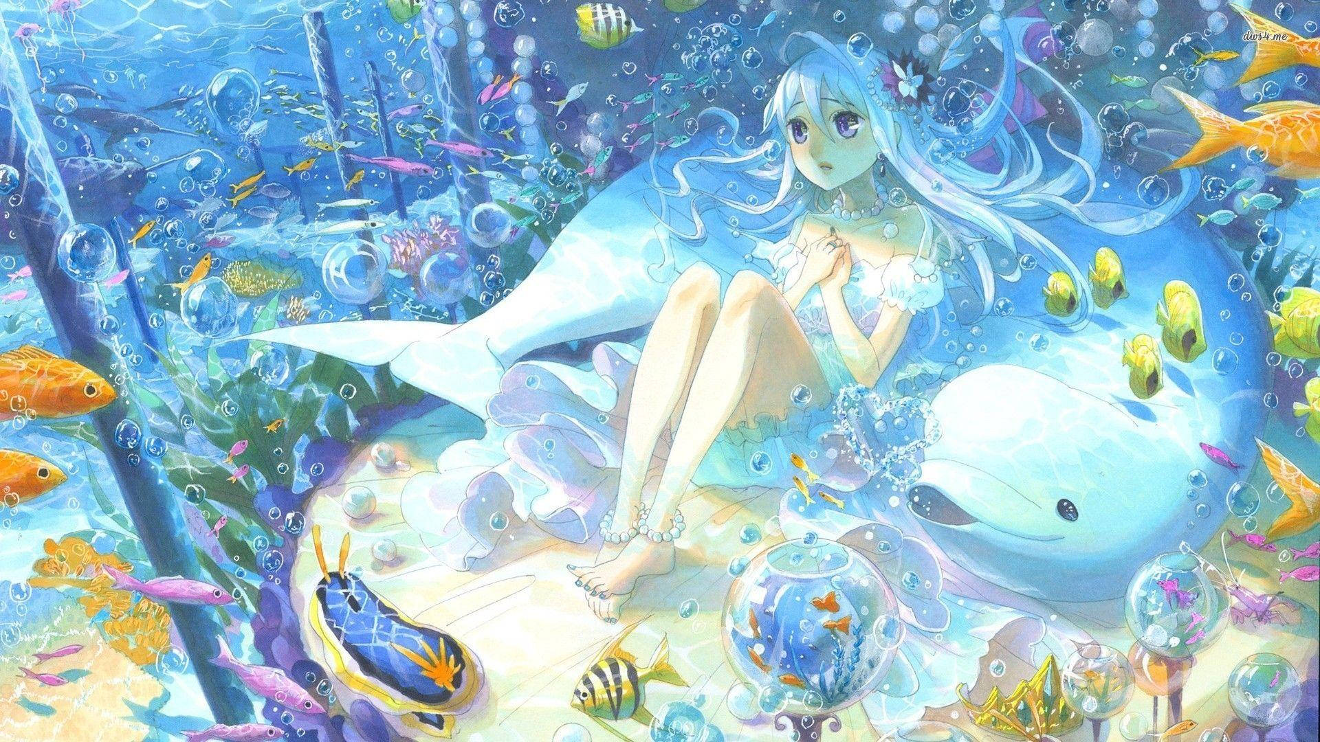 Ecchi 桌布 壁紙 — 一位寧靜的動漫女孩，擁有飄逸的藍色頭髮，坐在海豚旁邊，身處充滿色彩繽紛的魚類和氣泡的 vibrant 水下場景中。