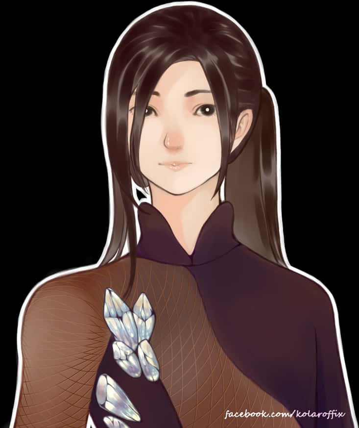 Hairstyle 桌布 壁紙 — 一位寧靜的動漫女孩，深色頭髮，穿著紫色上衣，在黑色背景前手持發光的水晶蝴蝶。