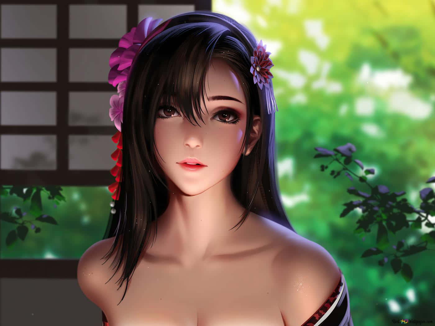 Xbox 360 Gamer 桌布 壁紙 — 一位寧靜的動漫女孩，深色頭髮上點綴著紫色和紅色的花朵，在明亮的綠色樹葉背景下溫柔地凝視著。