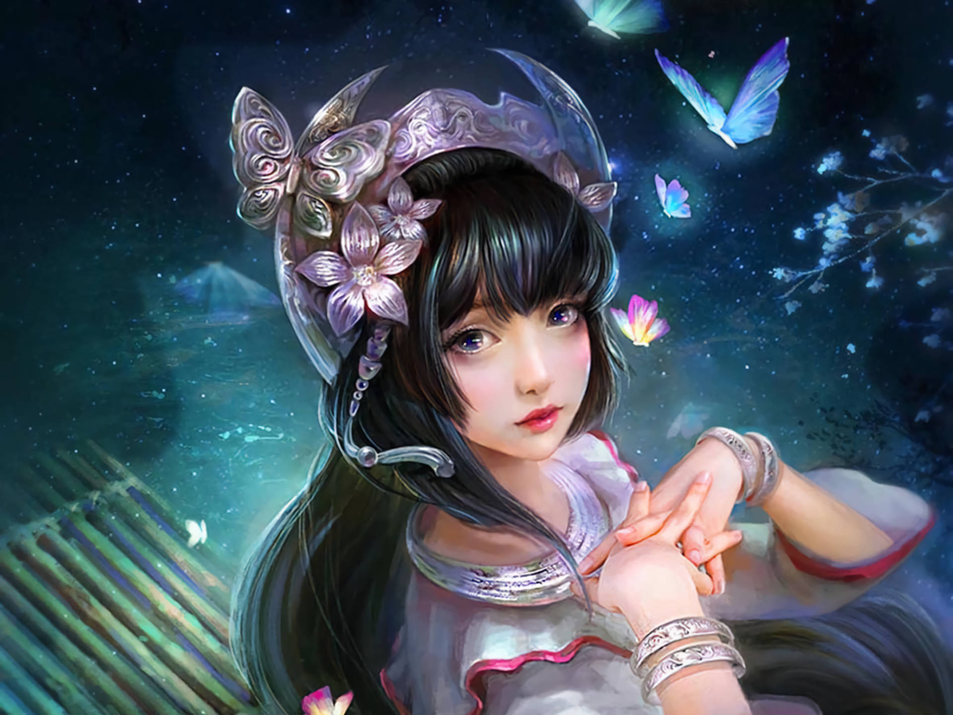 Butterflies 桌布 壁紙 — 一位寧靜的動漫女孩，深色頭髮和花卉頭飾，在星光燦爛的夜晚，發光的蝴蝶在她周圍翩翩起舞，她溫柔地凝視著。