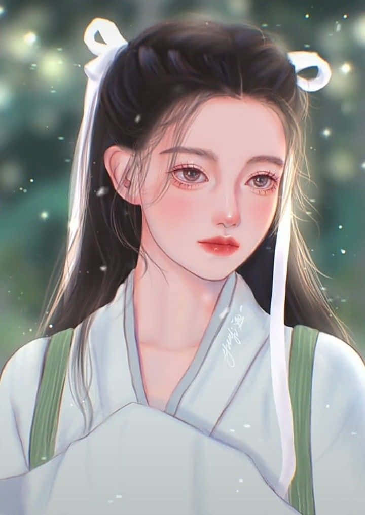 動漫藝術GIF 桌布 壁紙 — 一位寧靜的動漫女孩，深色頭髮用白色絲帶紮起，穿著淺藍色傳統長袍，背景是柔和的綠色散景和漂浮的粒子。