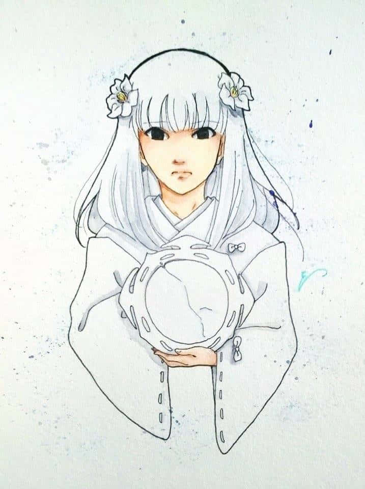 Inuyasha Kanna 桌布 壁紙 — 一位寧靜的動漫女孩，白髮上戴著花卉髮夾，在水彩風格的插圖中手持一個圓形物體。