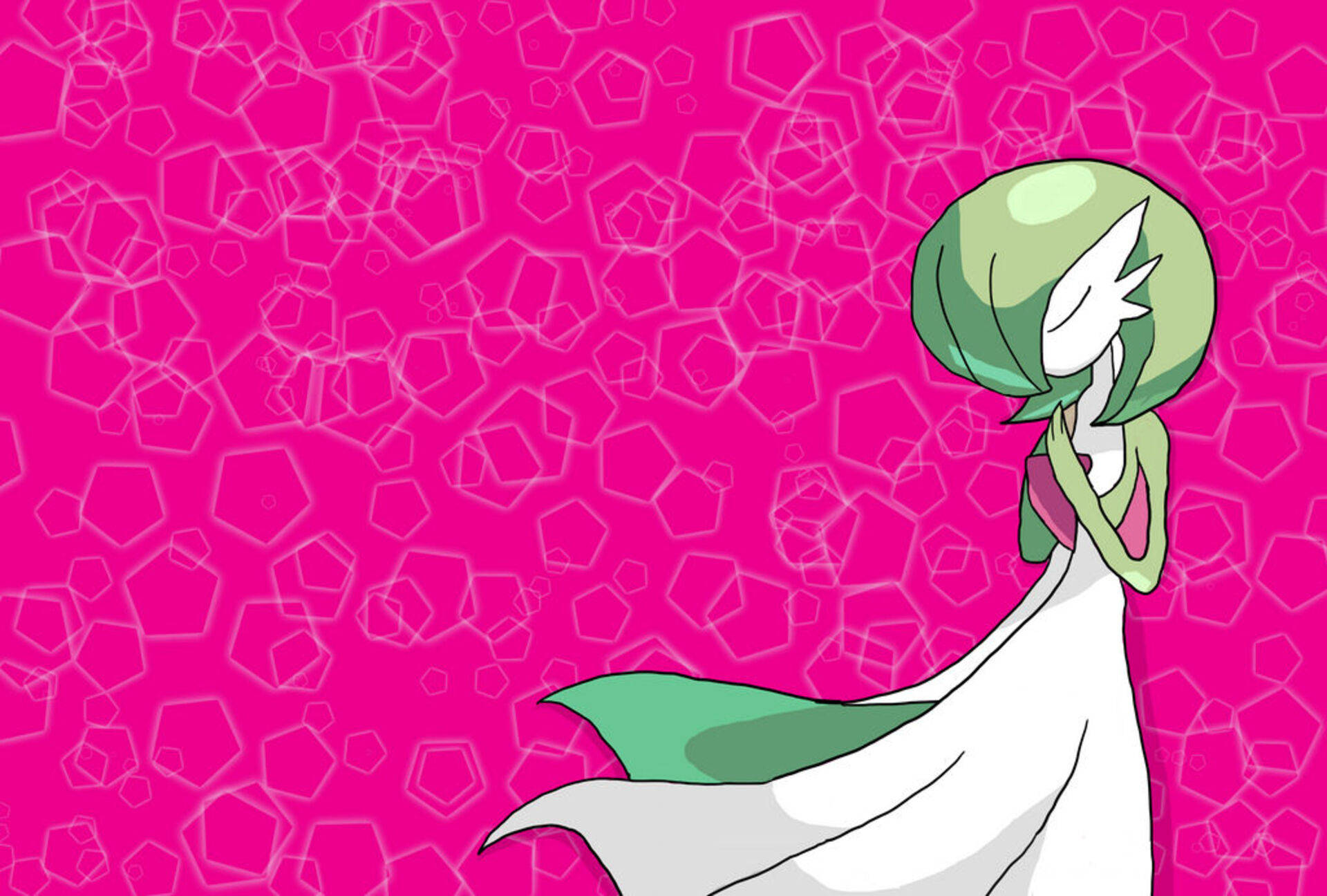 Gardevoir 桌布 壁紙 — 一位寧靜的動漫女孩，綠髮白裙，站在充滿浮動六邊形的鮮豔粉紅色背景前。