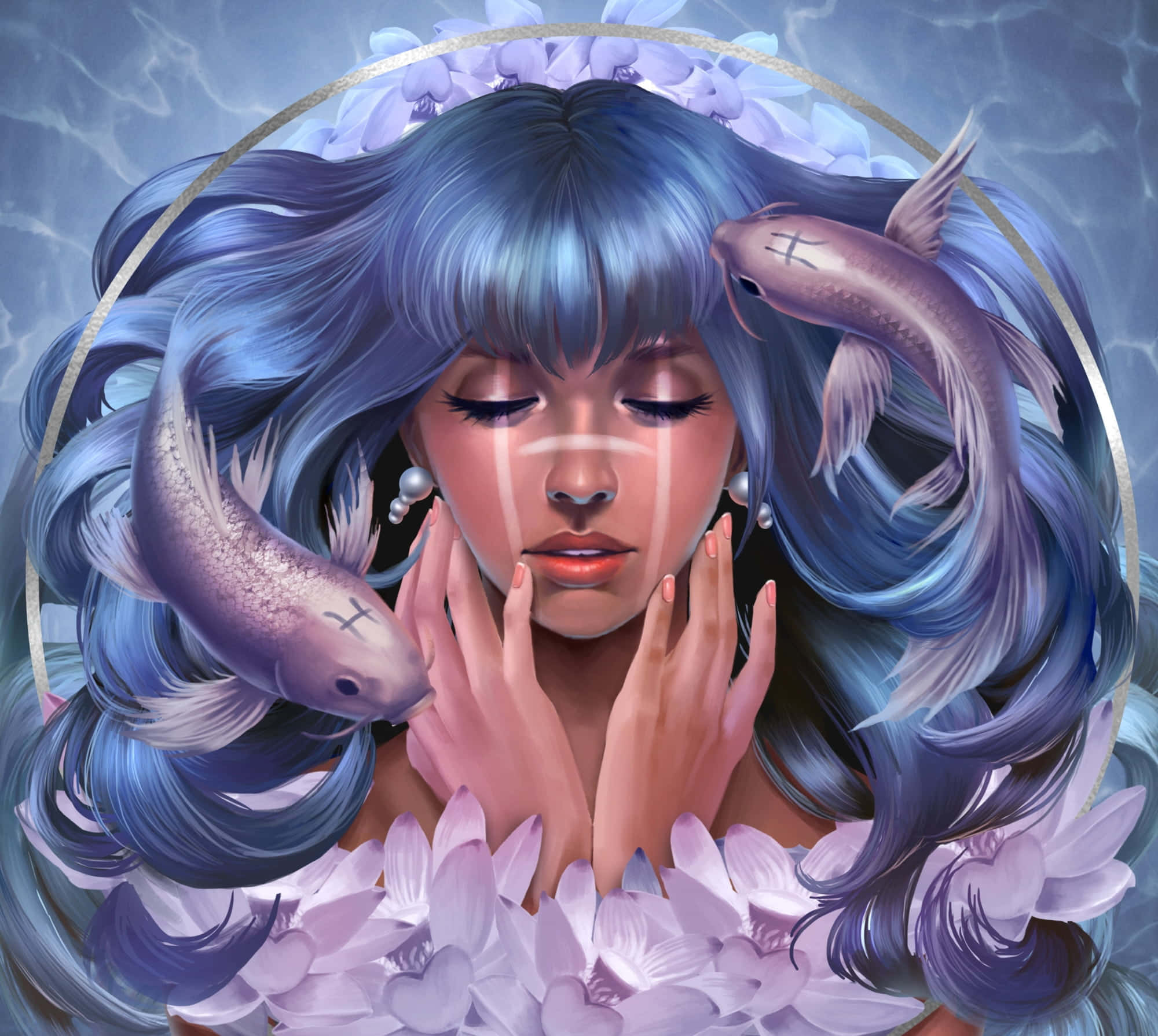 Zodiac Sign 桌布 壁紙 — 一位寧靜的動漫女孩，藍色頭髮和蓮花，輕輕托著臉龐，錦鯉在她飄逸的髮絲間游動。