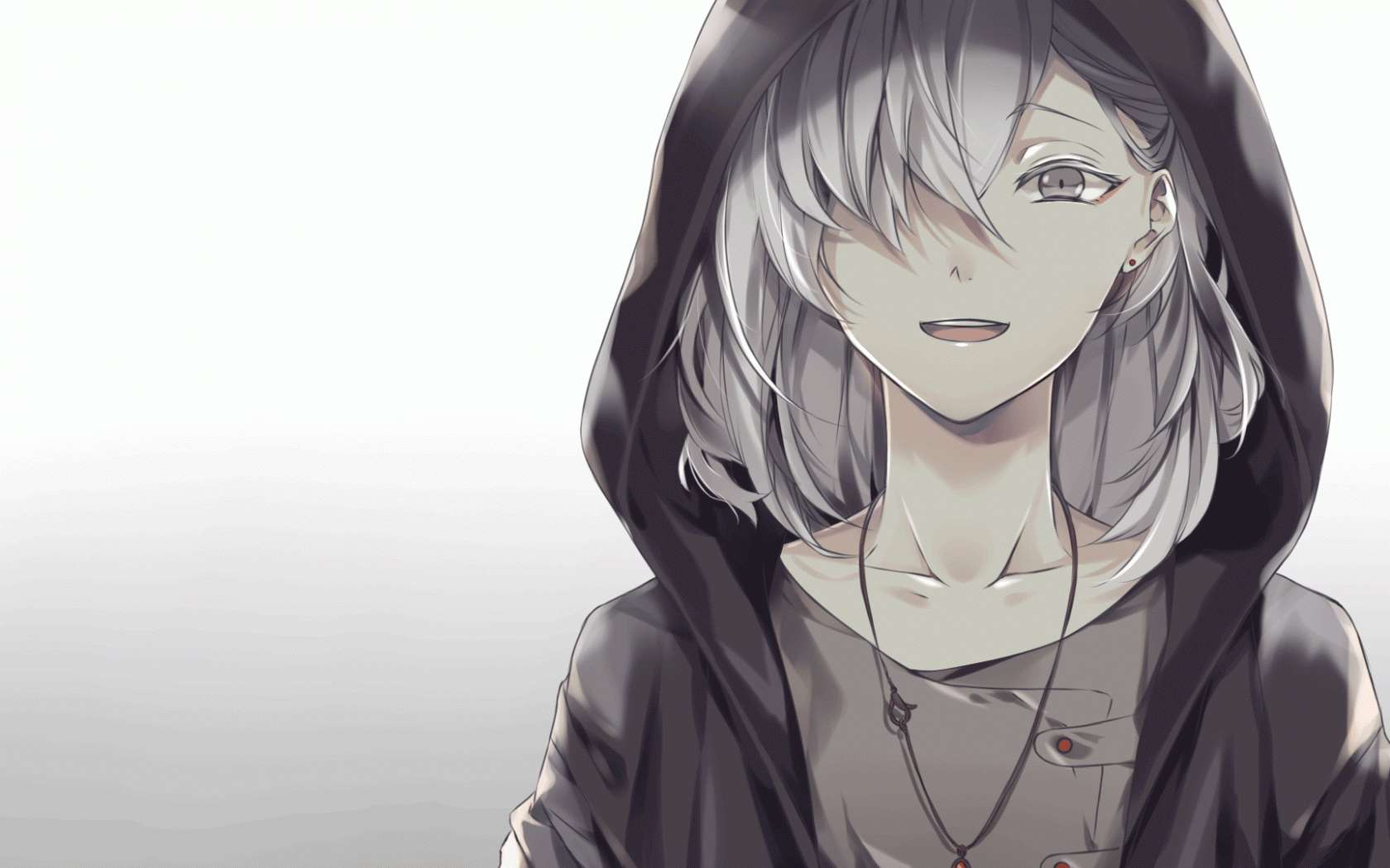 Anime White 桌布 壁紙 — 一位寧靜的動漫女孩，銀色頭髮，穿著深色連帽衫，在極簡灰色背景上溫柔微笑。