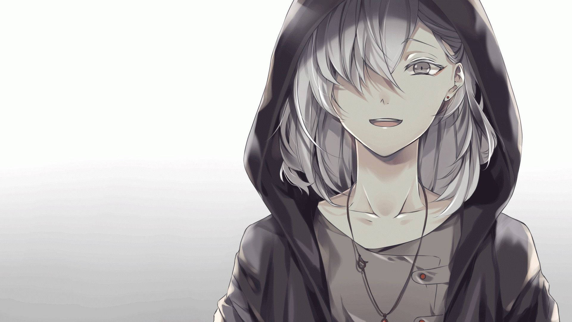 Aesthetic Anime Pfp 桌布 壁紙 — 一位寧靜的動漫女孩，銀色頭髮，穿著深色連帽衫，在極簡漸變背景上溫柔微笑。