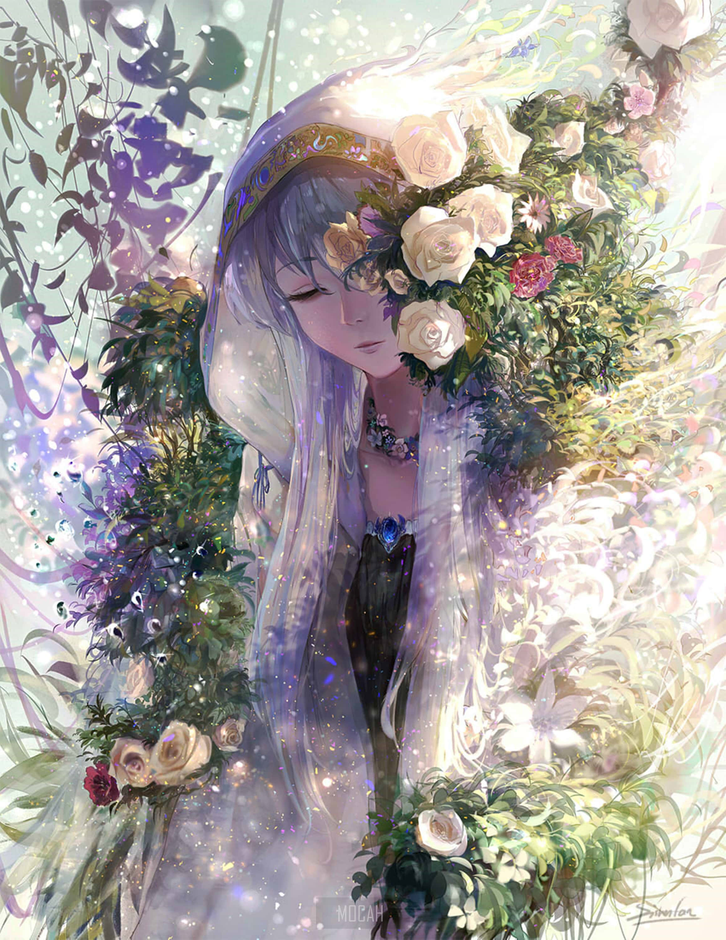 Anime Flower 桌布 壁紙 — 一位寧靜的動漫女孩，銀色頭髮和花冠，漂浮在發光的花朵和藤蔓之間，置身於夢幻般的空靈環境中。