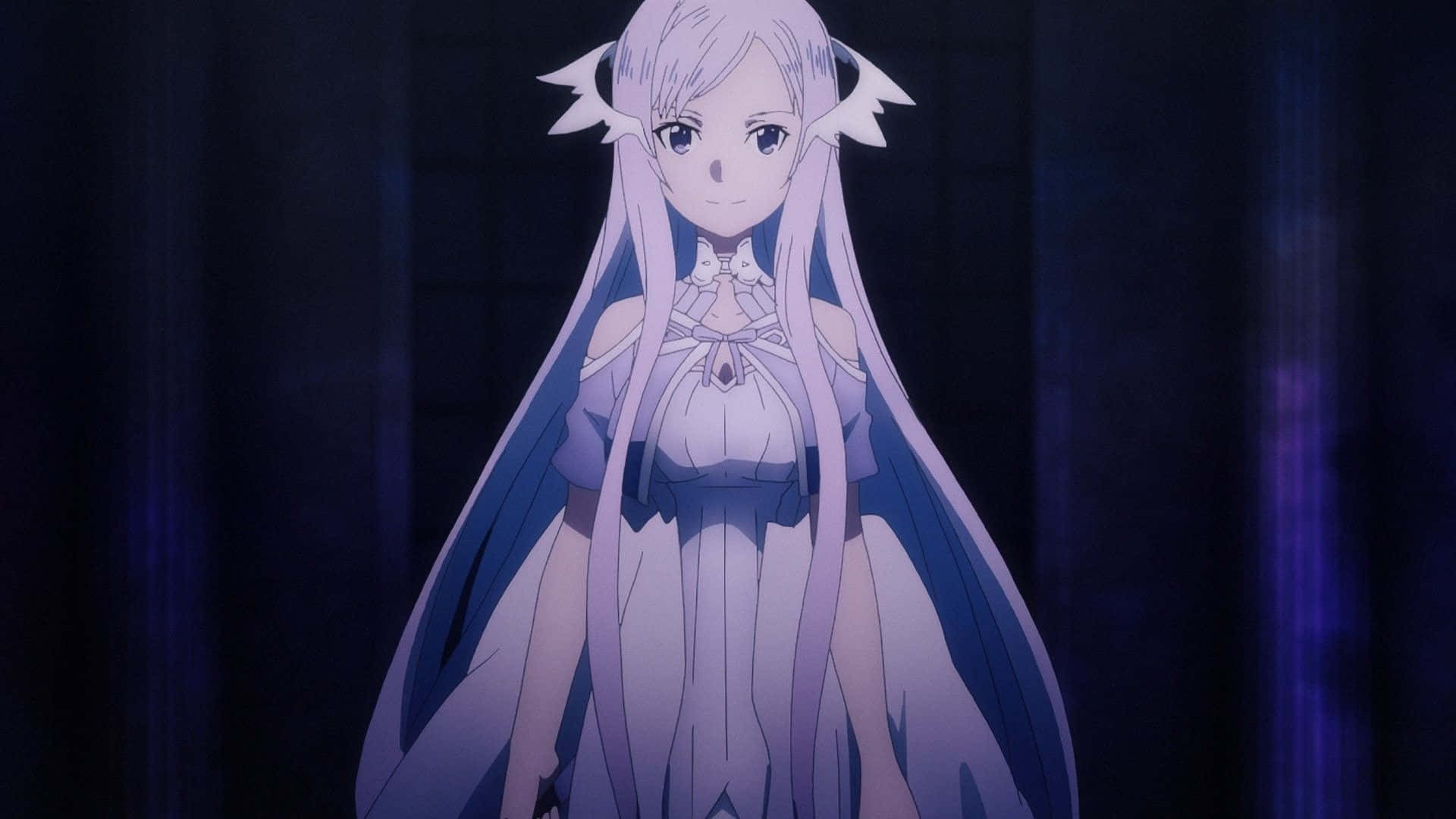 Sword Art Online Quinella 桌布 壁紙 — 一位寧靜的動漫女孩，長著銀色長髮和貓耳，在昏暗的藍色燈光下穿著白色連衣裙。