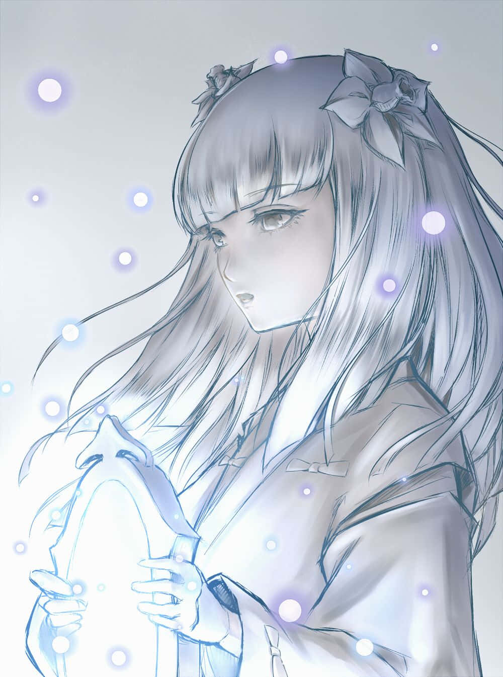 Inuyasha Kanna 桌布 壁紙 — 一位寧靜的動漫女孩，長著銀色長髮，戴著蝴蝶結飾品，在漂浮的光球中握著一個發光的物體。