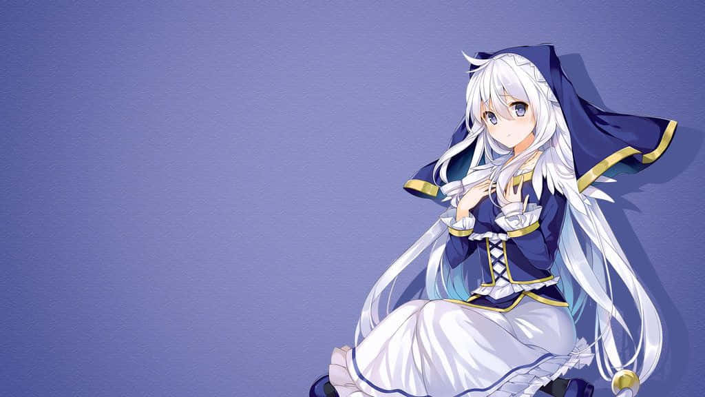 Konosuba 桌布 壁紙 — 一位寧靜的動漫女孩，長長的白髮和藍色連帽裙，優雅地坐在純紫色背景前。