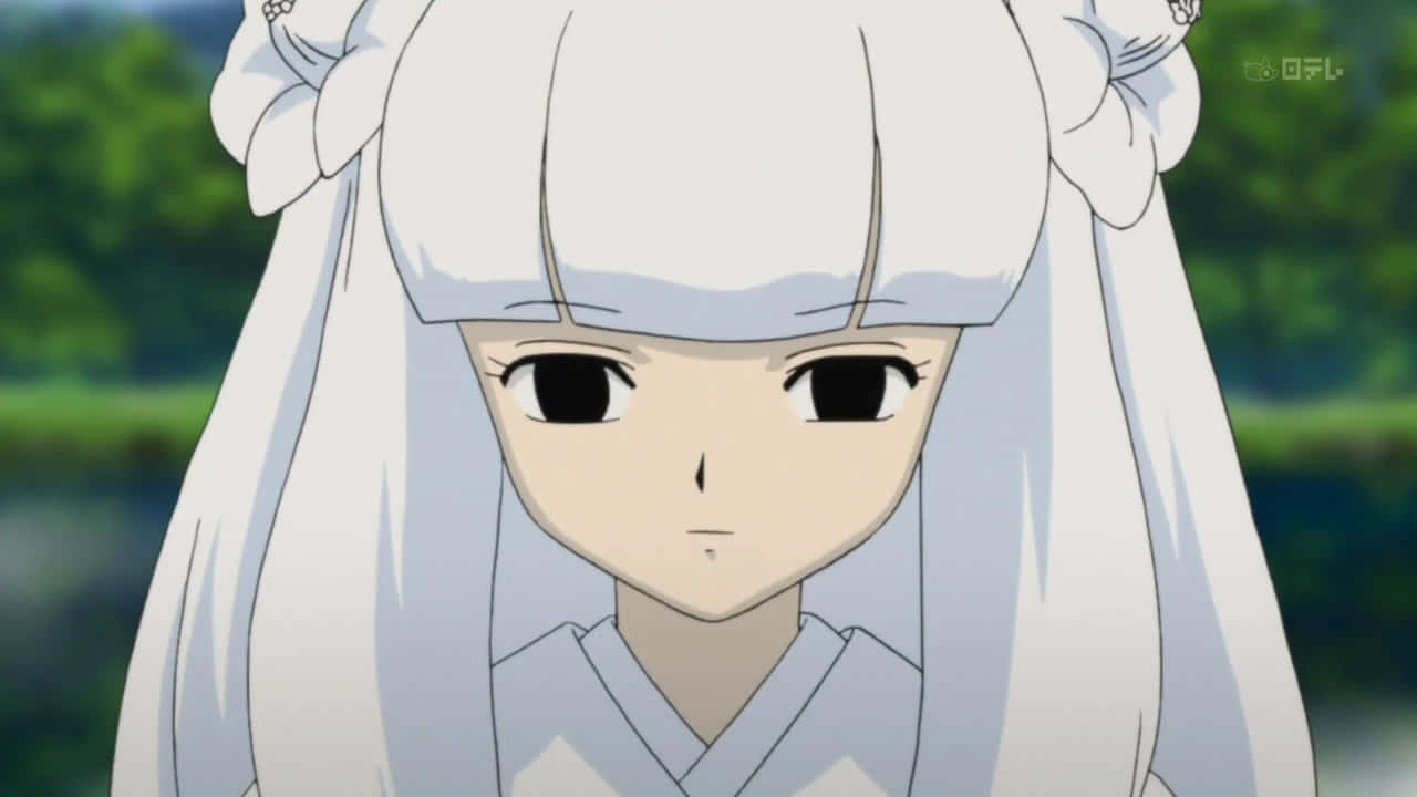 Inuyasha Kanna 桌布 壁紙 — 一位寧靜的動漫女孩，長長的白髮和傳統服飾，在柔和的綠色模糊背景前平靜地凝視。