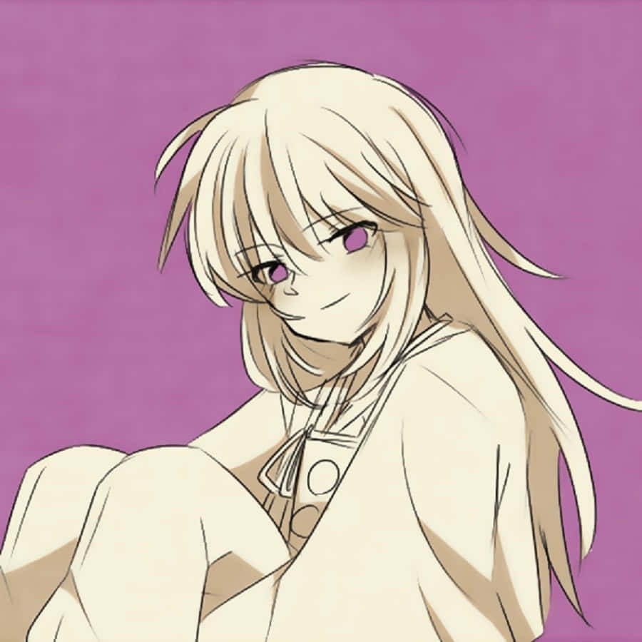 Hakudoshi 桌布 壁紙 — 一位寧靜的動漫女孩，長長的金色頭髮和紫色眼睛，在純紫色背景前溫柔地微笑。
