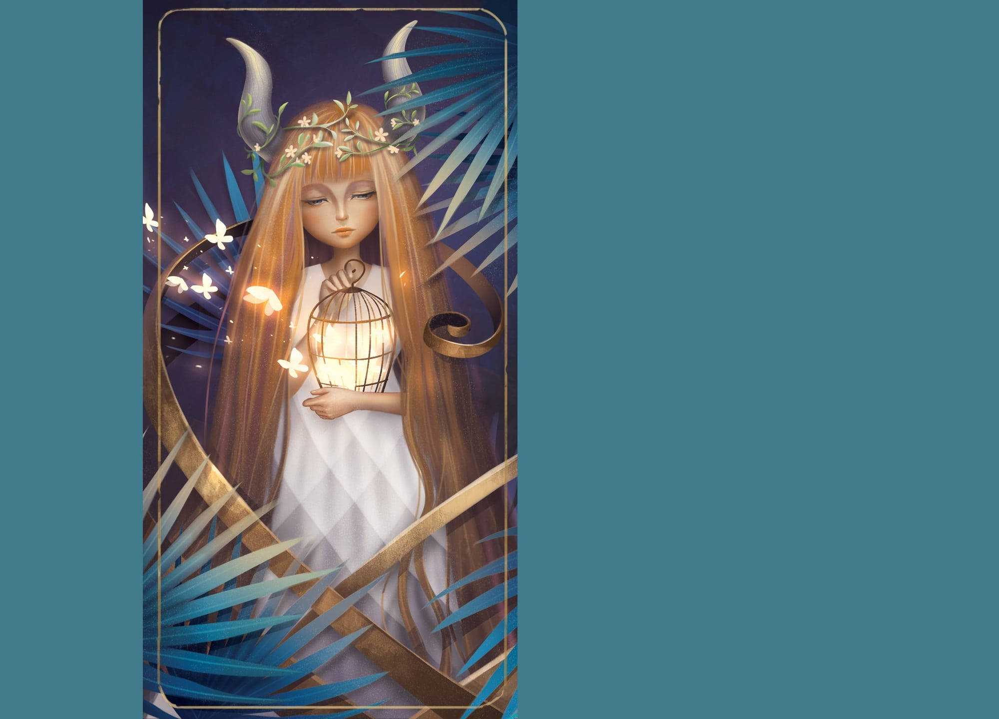 zodiac 桌布 壁紙 — 一位寧靜的動漫女孩，長長的金髮和帶角的皇冠，在黑暗的天空下，在藍色棕櫚葉中拿著發光的燈籠。