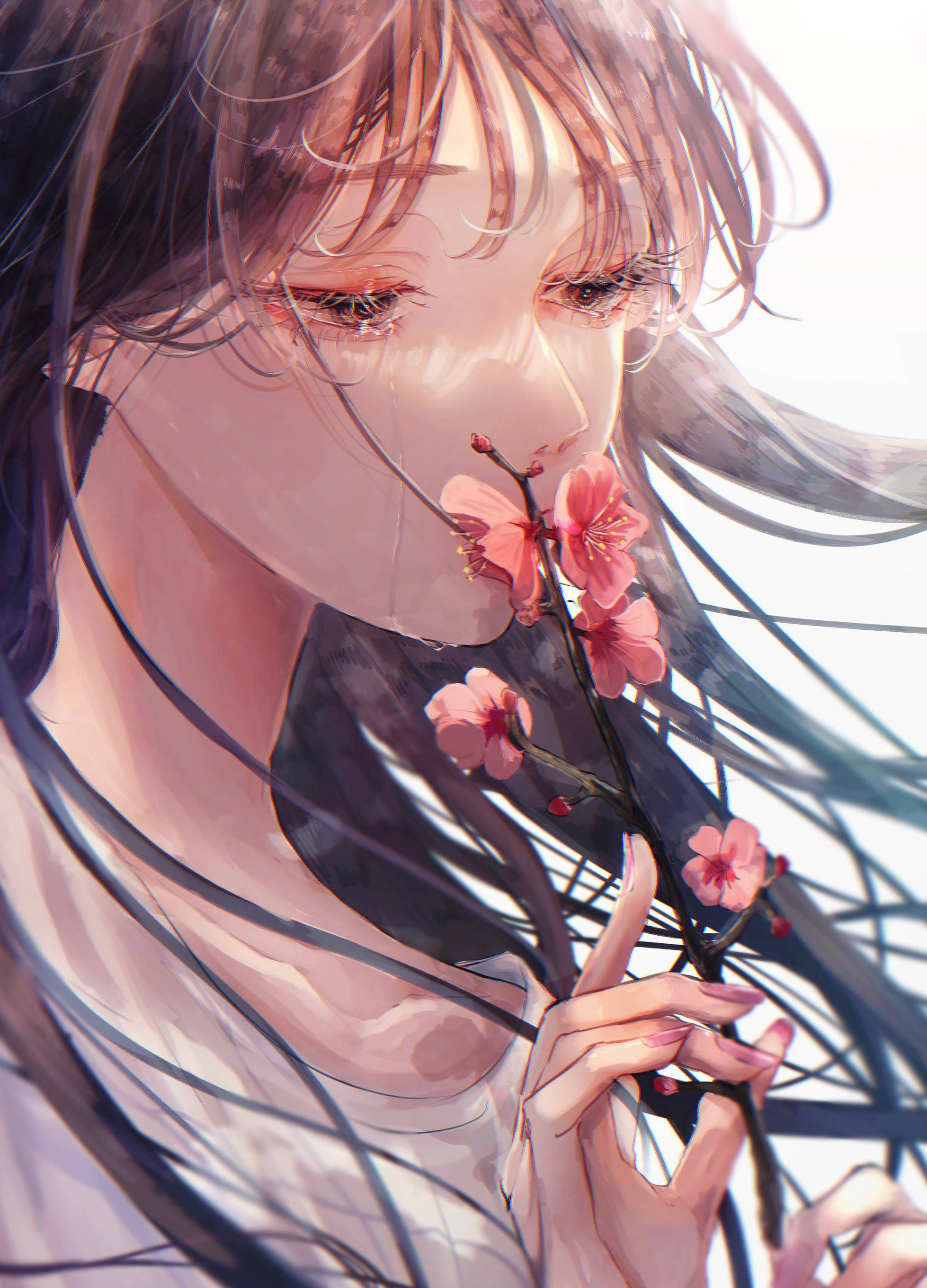 aesthetic sad anime girl 桌布 壁紙 — 一位寧靜的動漫女孩，長長的黑髮，在柔和發光的背景中輕輕拿著粉紅色的櫻花枝。