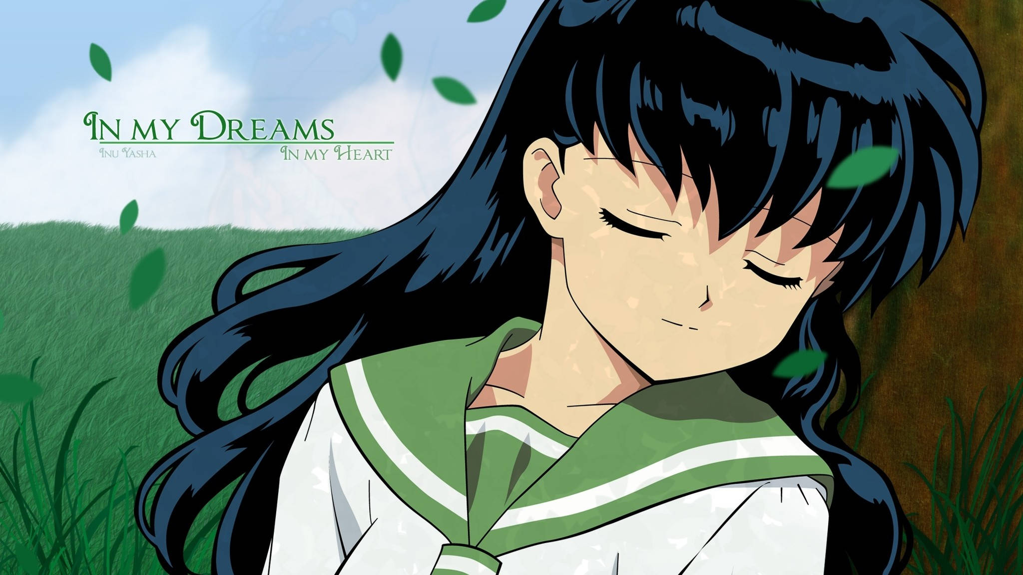 Kagome 桌布 壁紙 — 一位寧靜的動漫女孩，長長的黑髮，穿著綠色和白色的校服，在戶外安詳地休息，樹葉在她周圍飄落。