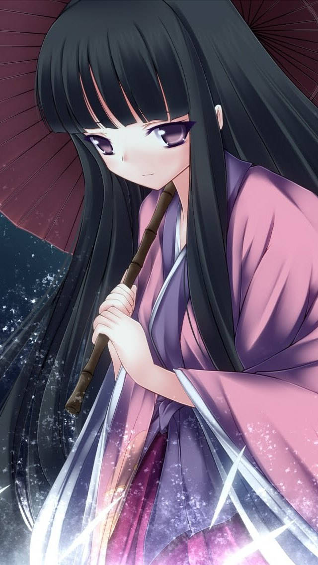動漫女孩身穿粉紅色和服，夜晚在栗色傘下持笛，伴有閃爍光芒。