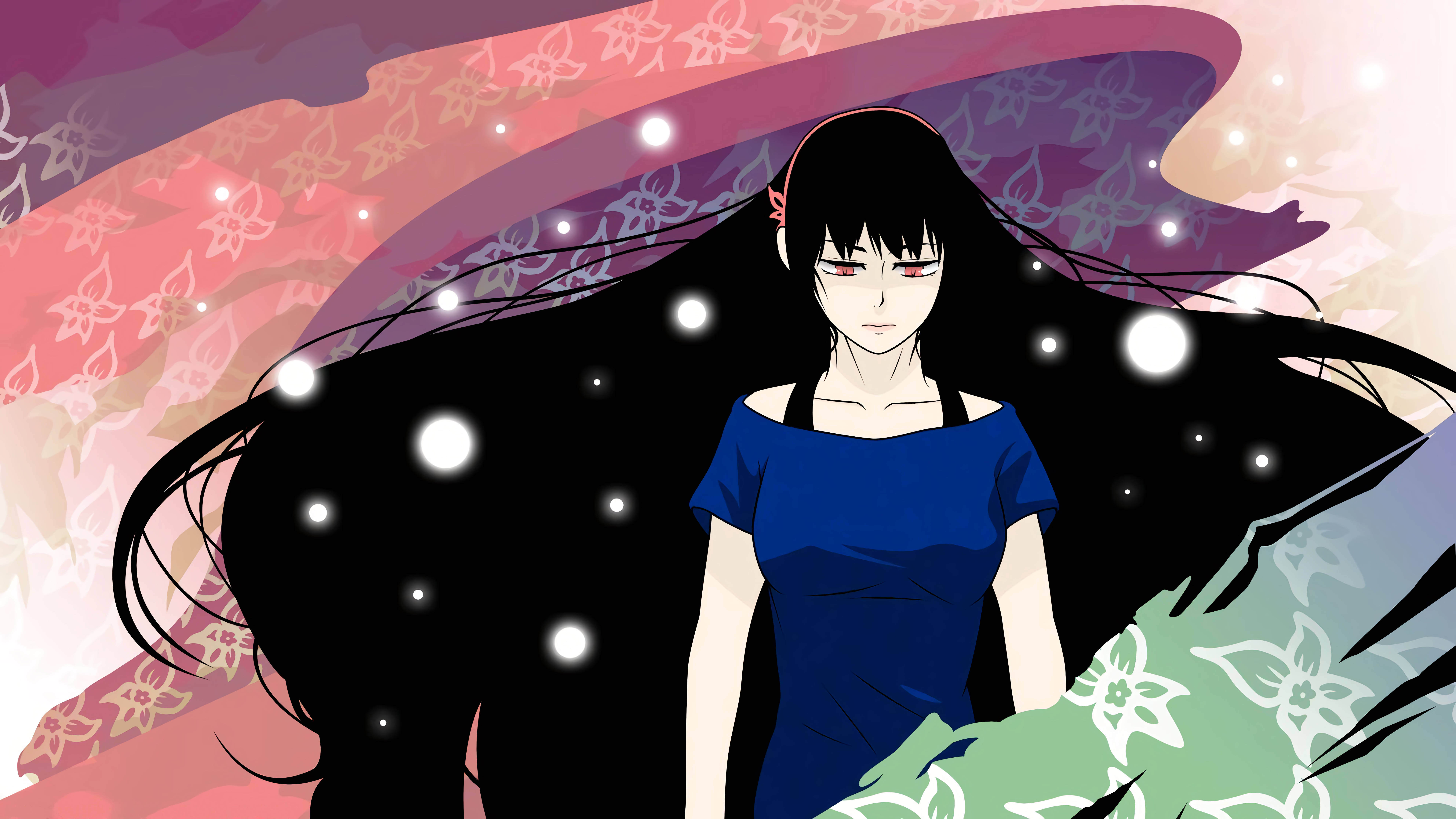 Tower Of God 桌布 壁紙 — 一位寧靜的動漫女孩，長長的黑髮和紅色的眼睛，站在流動的花卉圖案背景前，伴隨著發光的球體。