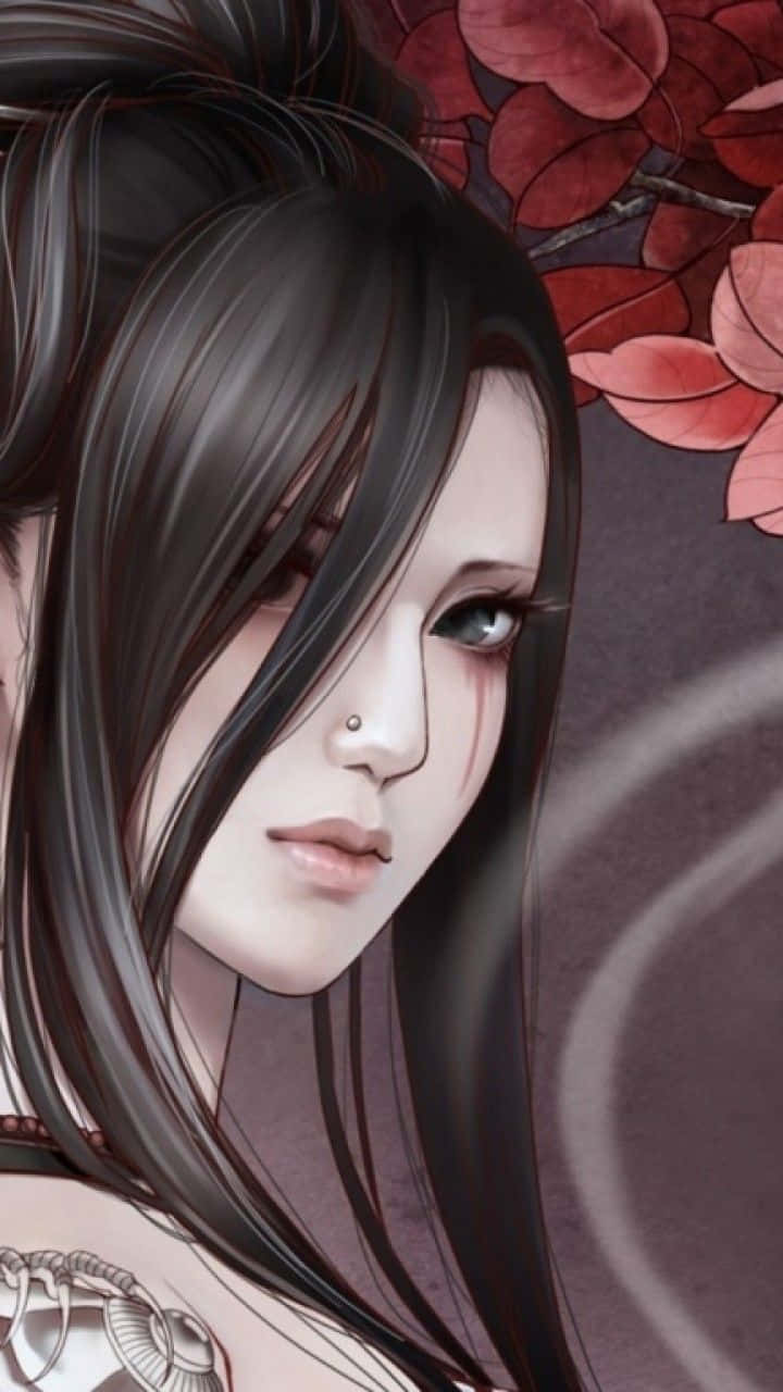 動漫 桌布 壁紙 — 一位寧靜的動漫女孩，長長的黑髮和鼻環，在深紅色的秋葉旁溫柔地凝視。