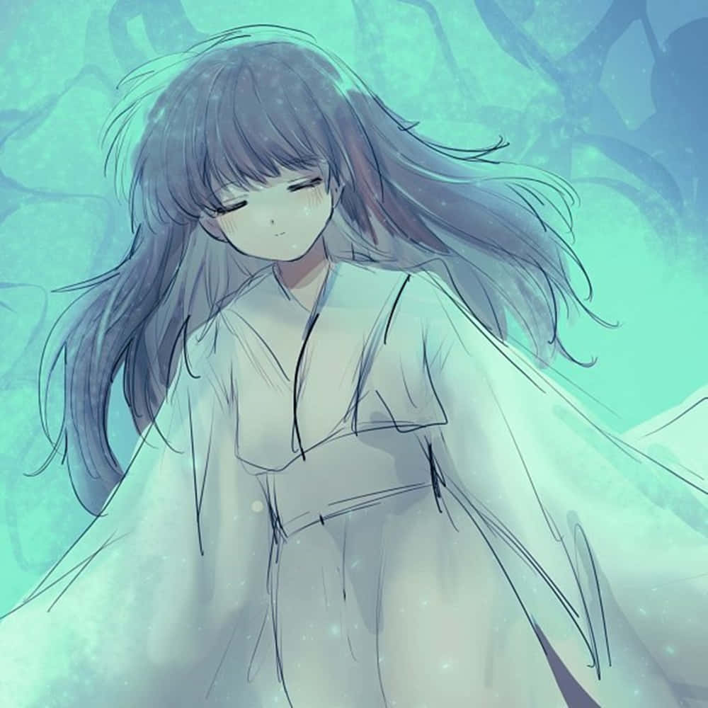 Inuyasha Rin 桌布 壁紙 — 一位寧靜的動漫女孩，長髮飄逸，閉著眼睛，輕輕漂浮在柔和的青綠色和藍色空靈光芒中。