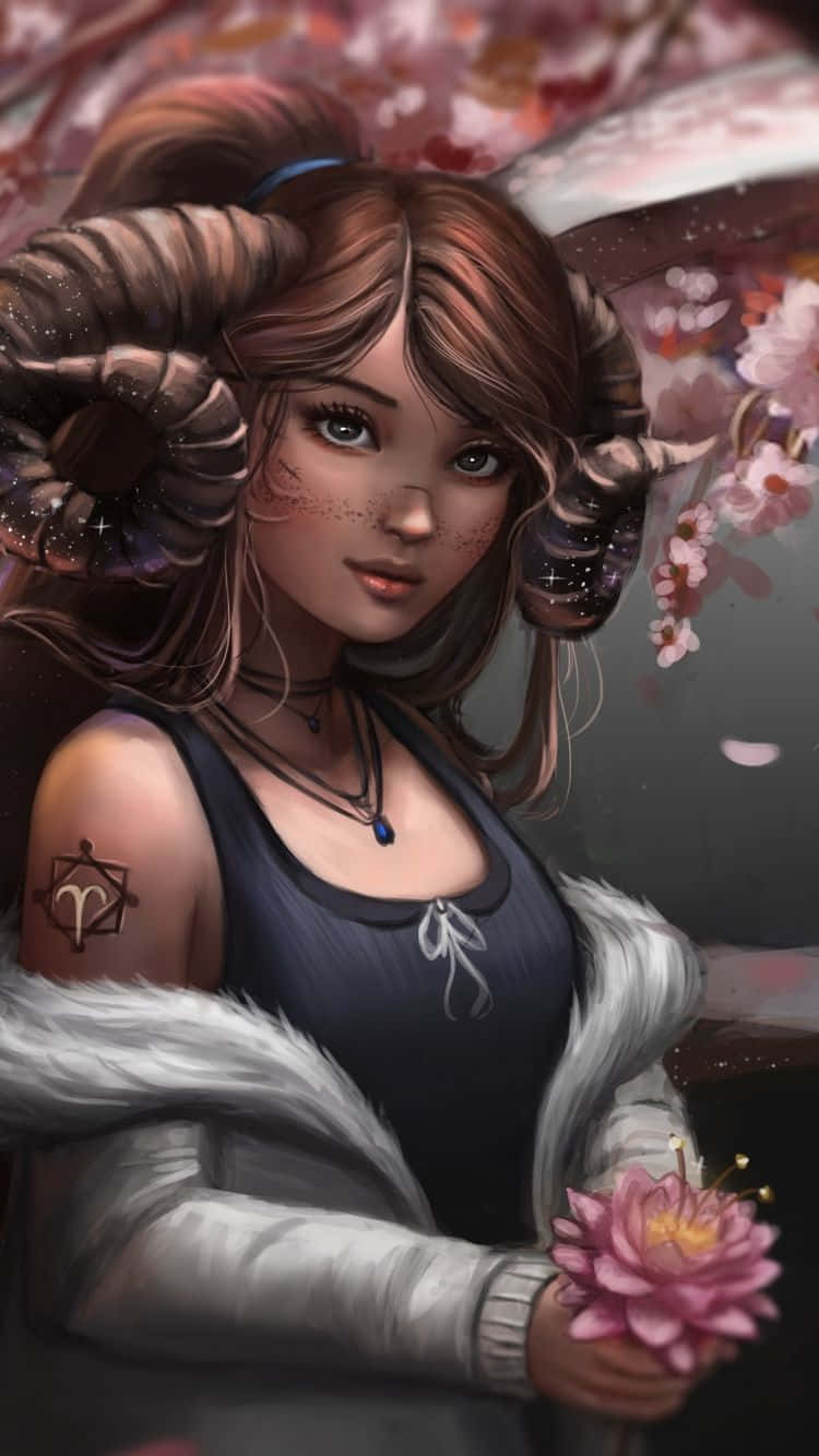 aries 桌布 壁紙 — 一位寧靜的動漫女孩，頭上有公羊角，身上有星座刺青，在櫻花下手持粉紅蓮花。