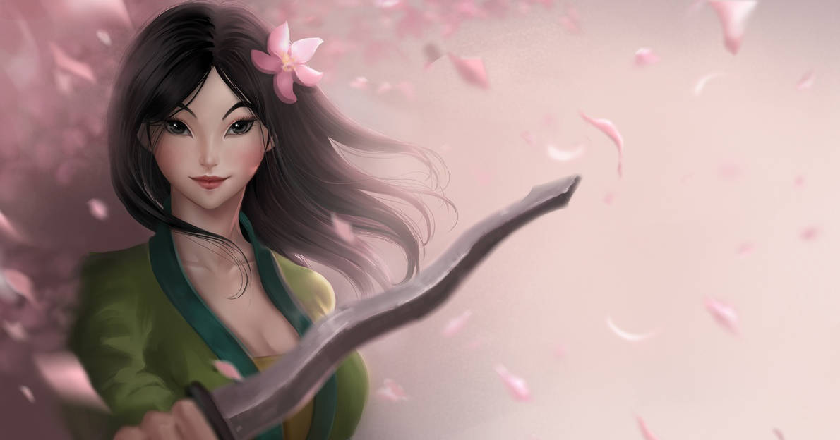 Mulan 桌布 壁紙 — 一位寧靜的動漫女孩，頭髮上插著一朵粉紅色的花，手持彎曲的刀刃，櫻花在她周圍飄落。