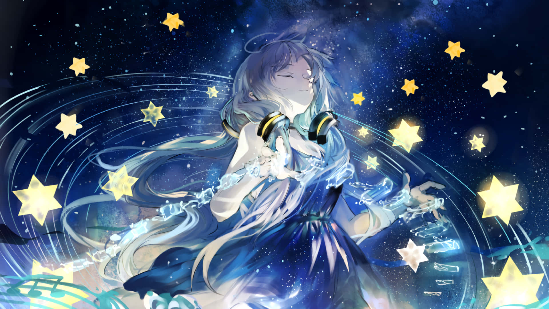 Stars 桌布 壁紙 — 一位寧靜的動漫女孩，飄逸的銀色頭髮，在閃爍的星星和宇宙漩渦中漂浮，戴著耳機和藍色連衣裙。