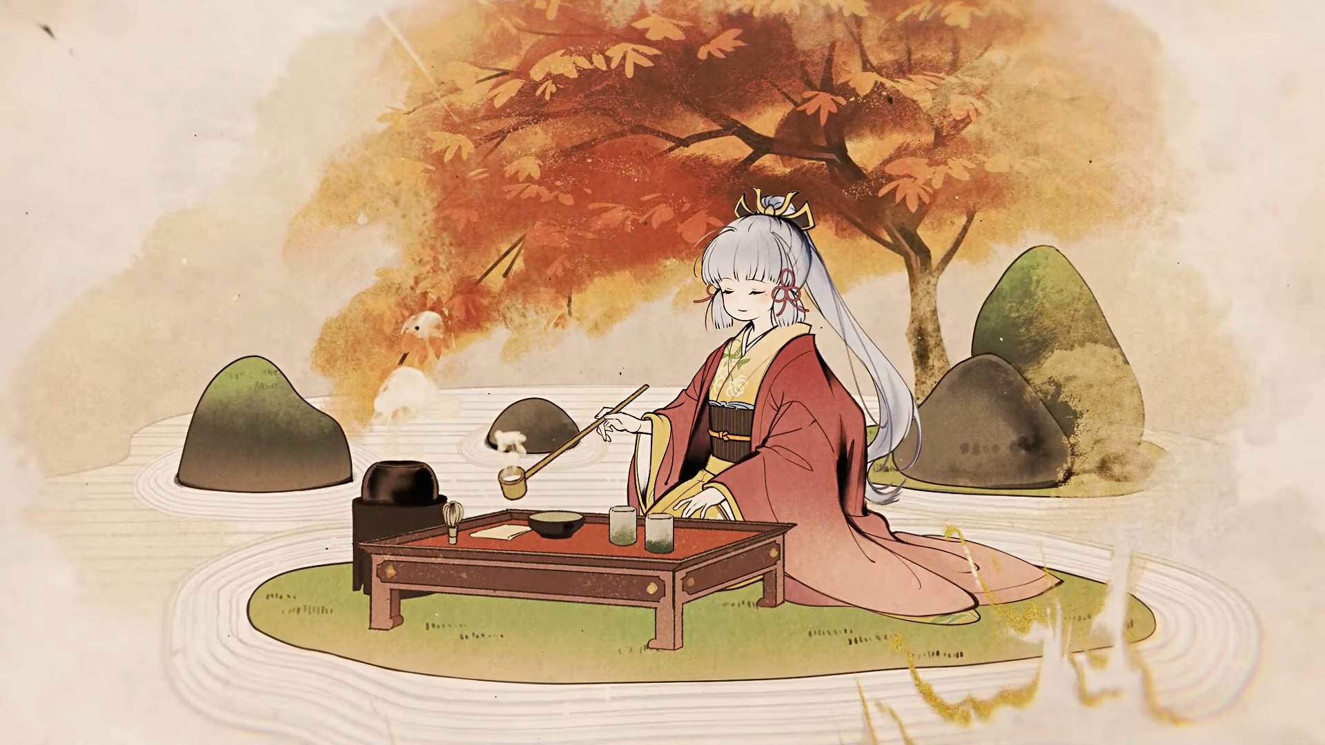 電玩遊戲 桌布 壁紙 — 一位寧靜的動漫女孩穿著紅色和服，坐在池塘邊，在火紅的秋樹下，與一隻小狐狸同伴一起喝茶。