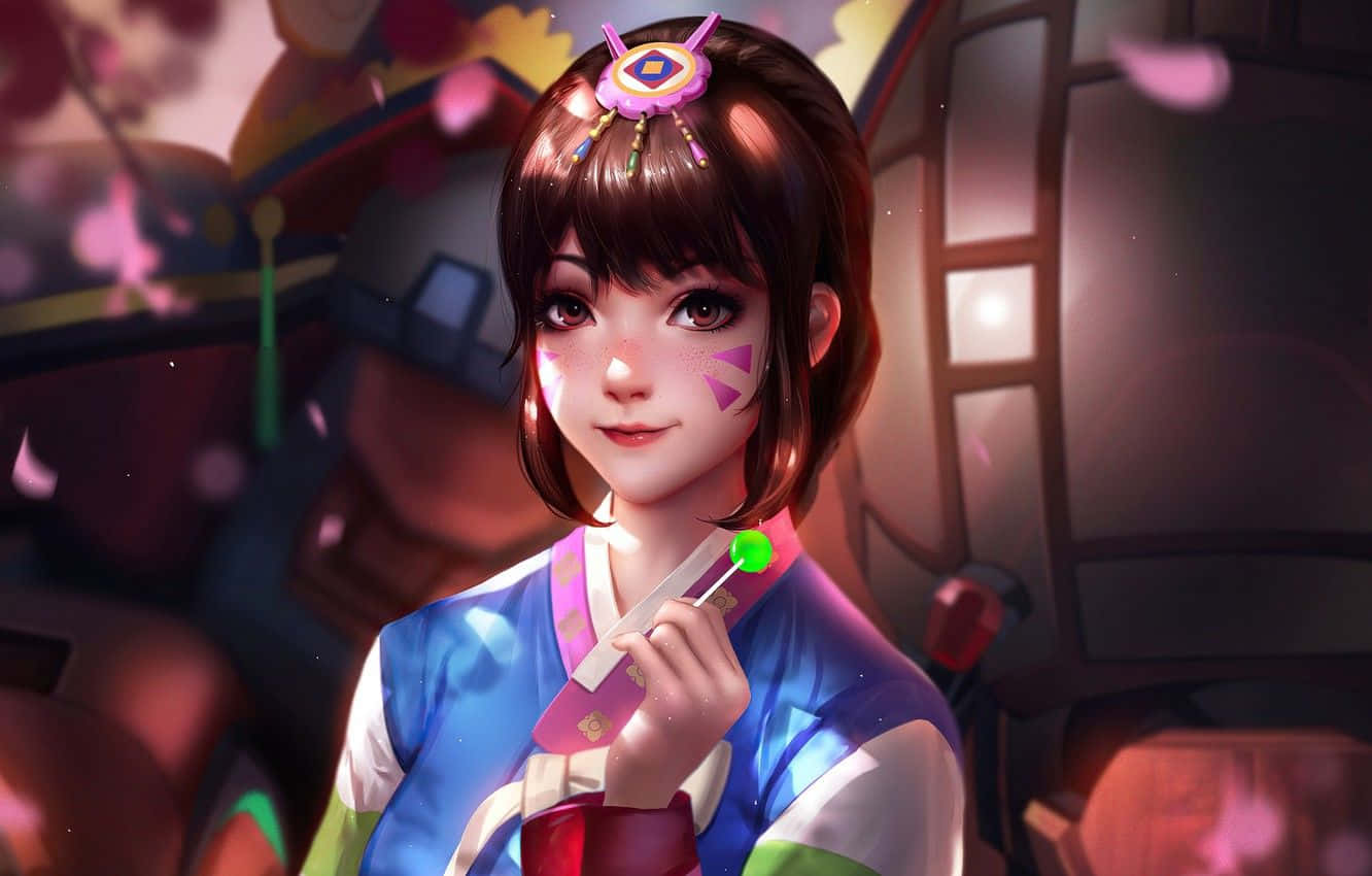 Overwatch D.va 桌布 壁紙 — 一位寧靜的動漫女孩穿著色彩繽紛的傳統服飾，在飄落的櫻花中拿著發光的綠色棒棒糖。