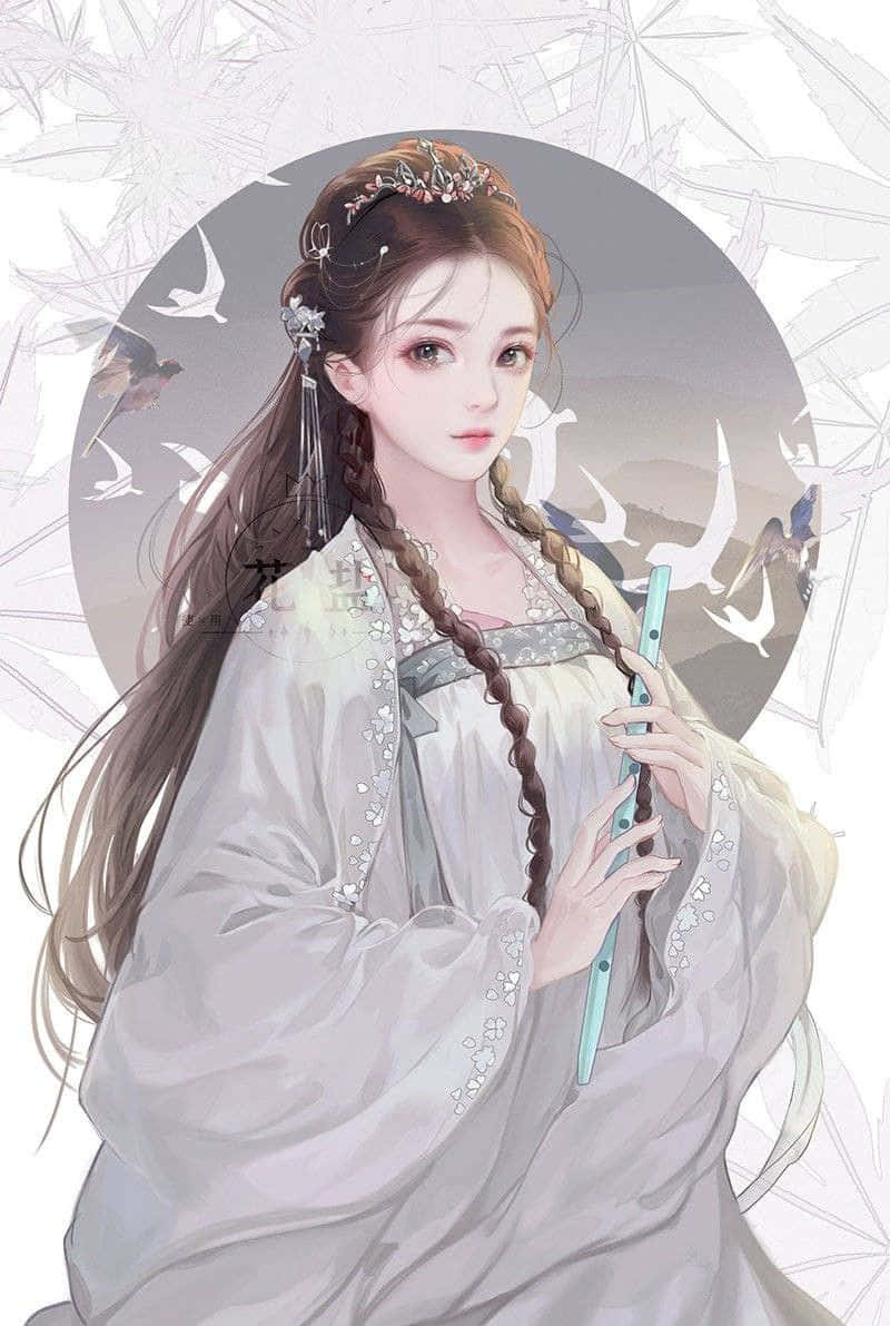 動漫藝術GIF 桌布 壁紙 — 一位寧靜的動漫女孩穿著飄逸的白色長袍，手持長笛，鳥兒在圓形框架中圍繞她翱翔。