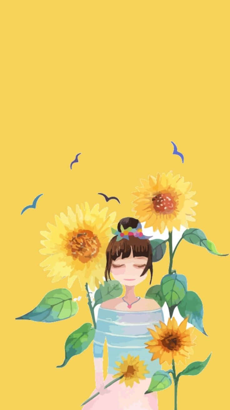 向日葵 桌布 壁紙 — 一位寧靜的動漫女孩閉著眼睛，站在鮮豔的向日葵中，背景是純黃色和飛翔的鳥兒。