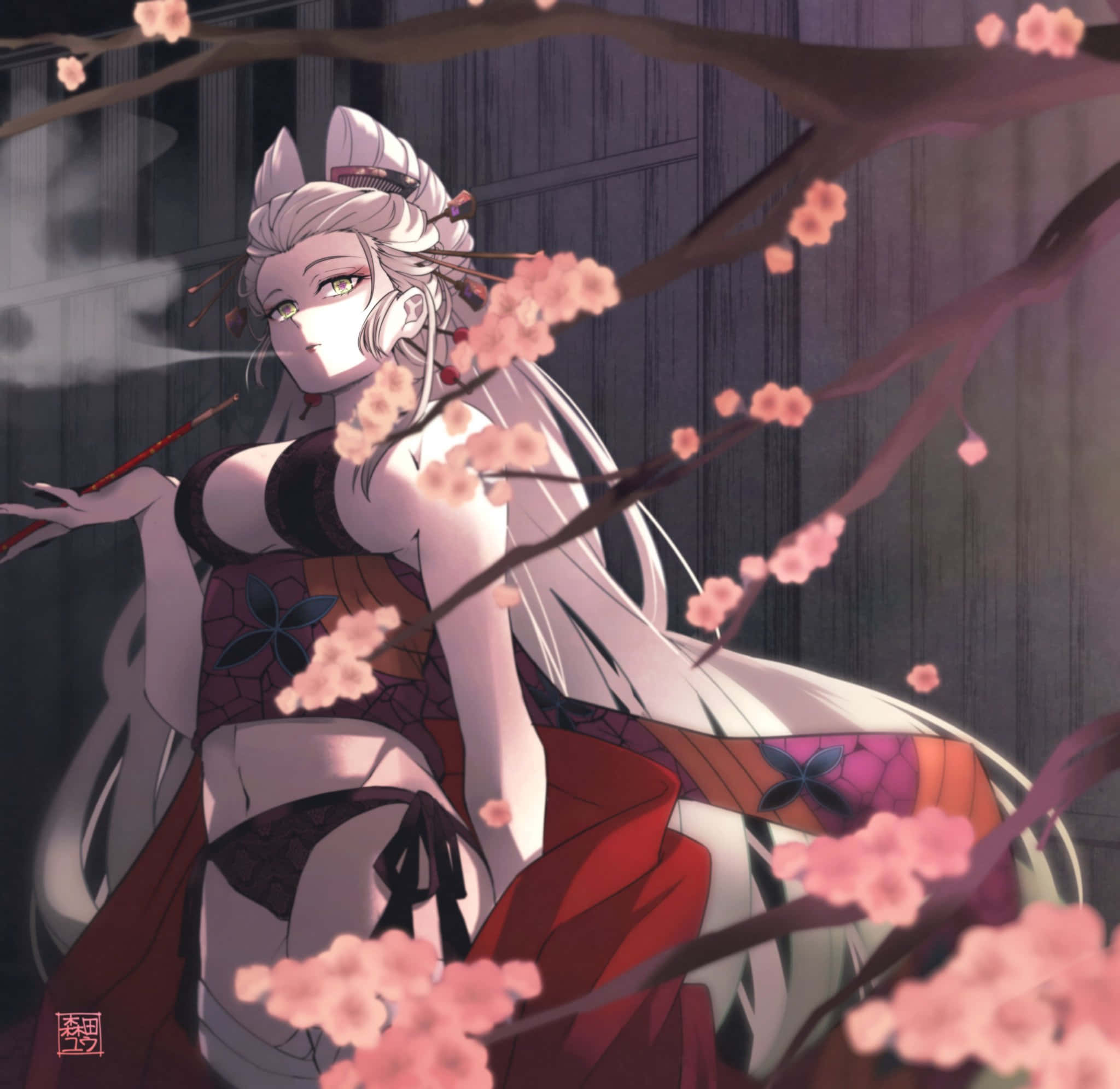 動漫 桌布 壁紙 — 一位寧靜的動漫女性，白髮貓耳，坐在木質背景下，粉色櫻花飄落其中。
