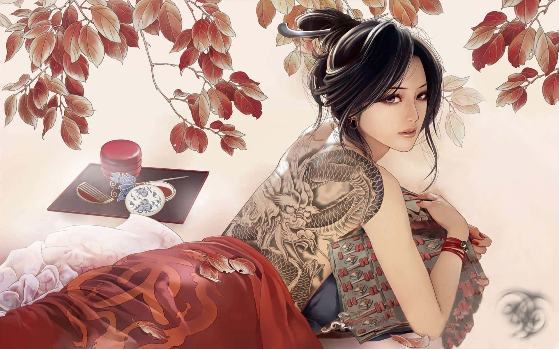 Tattoo 桌布 壁紙 — 一位寧靜的動漫女性，身上有龍紋身，躺在秋葉下，附近有傳統日本物品。