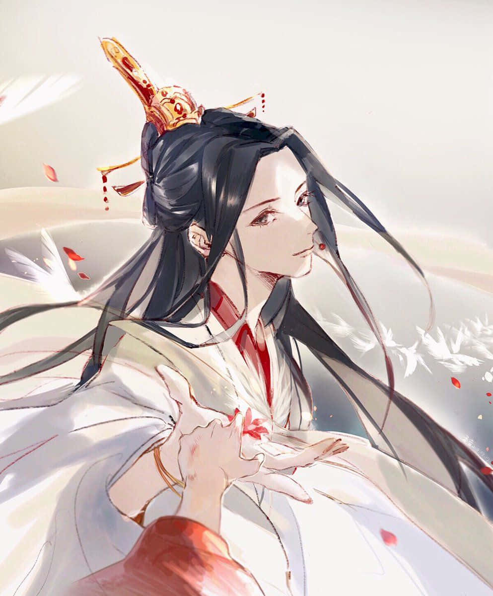 動漫女孩 桌布 壁紙 — 一位寧靜的動漫女性，長長的黑髮和華麗的頭飾，溫柔地凝視著，紅色花瓣在她飄逸的白色和紅色長袍周圍飄舞。