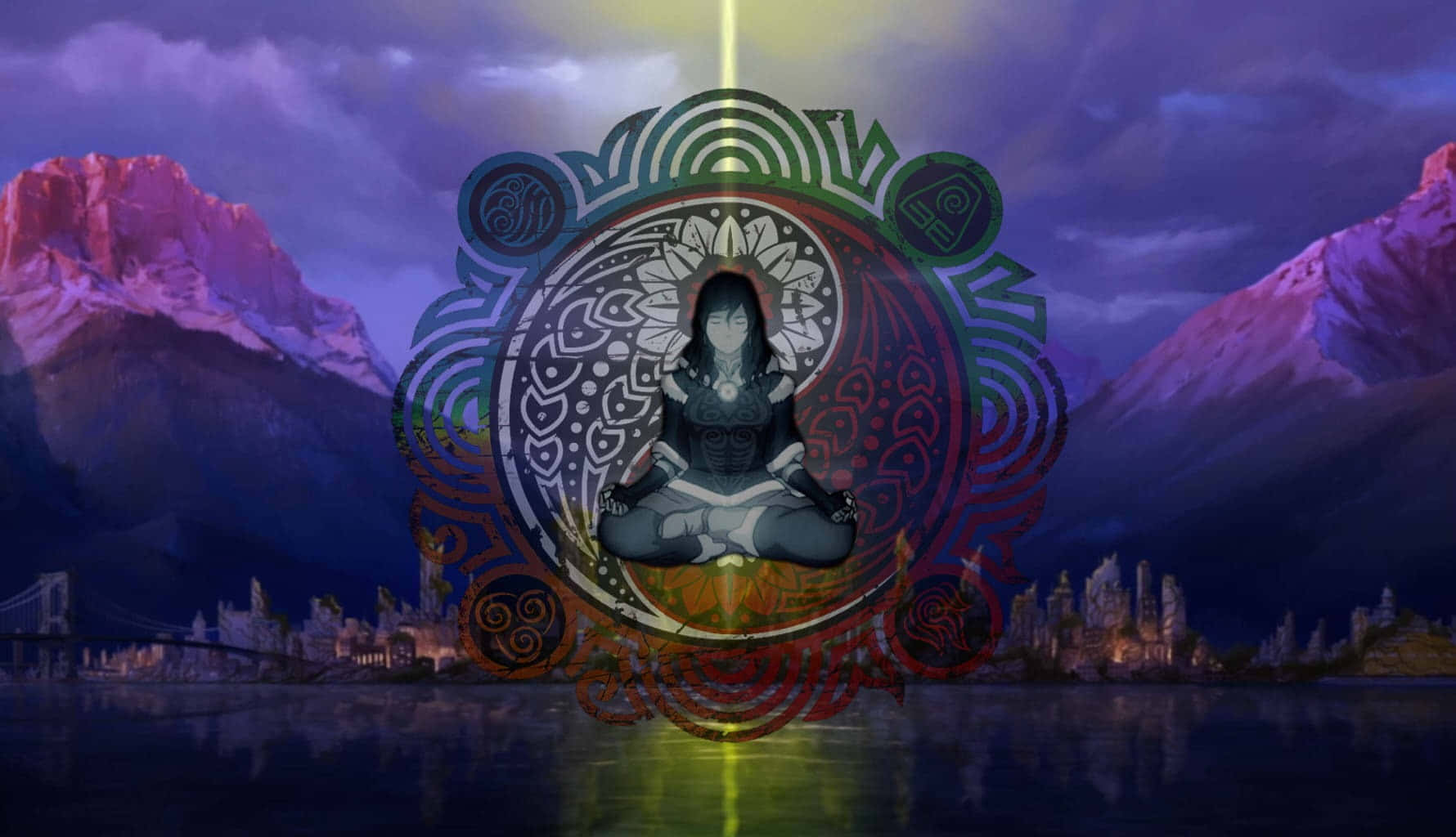 桌布 壁紙 — 一位寧靜的動漫女性在黃昏時分漂浮於城市景觀上方的發光曼陀羅中冥想，背景是紫色的山脈。