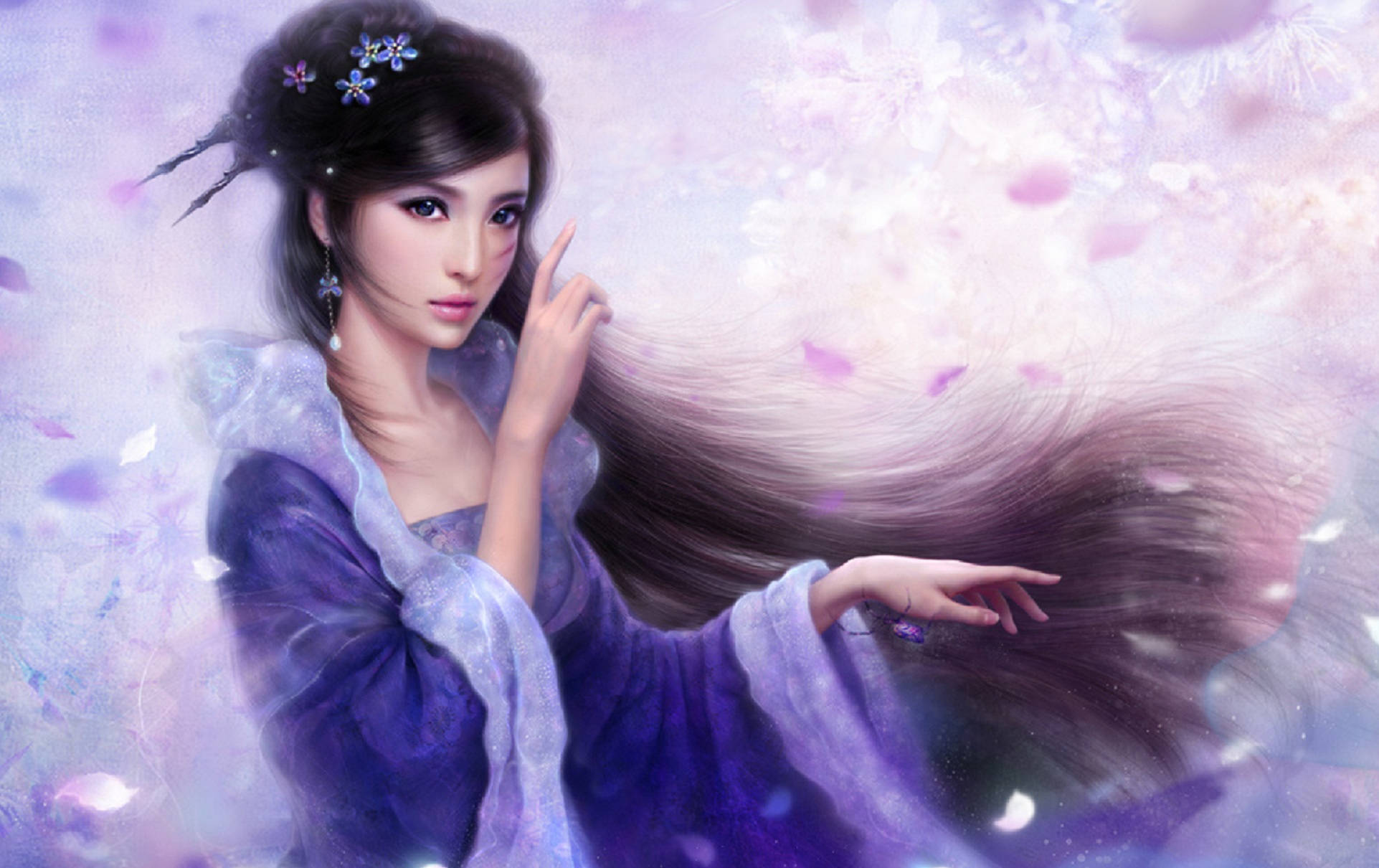 Woman 桌布 壁紙 — 一位寧靜的動漫女性穿著飄逸的紫色長袍，站在飄浮的櫻花中，伴隨著柔和的粉彩燈光。