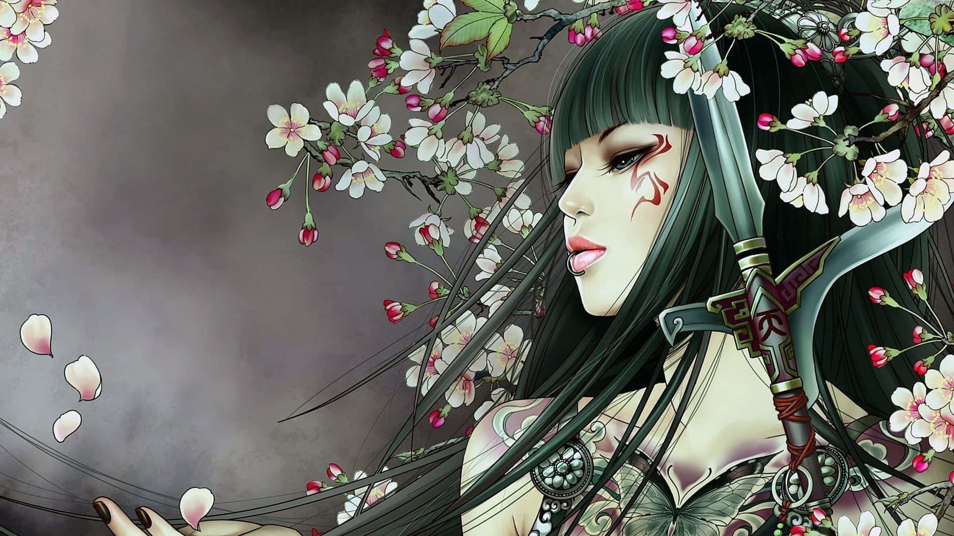 武士動畫 桌布 壁紙 — 一位寧靜的動漫女戰士，黑髮和櫻花點綴著她的臉和劍，背景是柔和的灰色。
