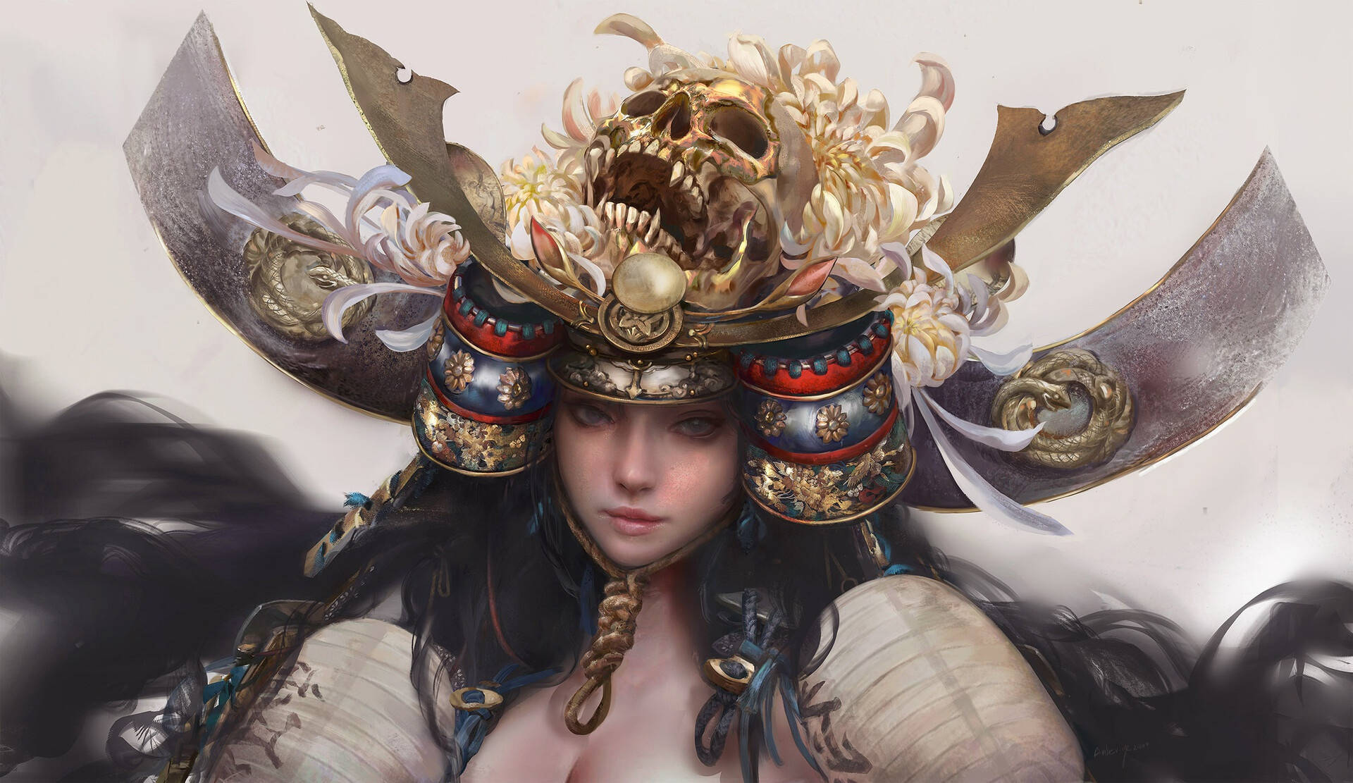 武士動畫 桌布 壁紙 — 一位寧靜的動漫女戰士戴著華麗的頭盔，上面裝飾著骷髏頭和白色花朵，背景柔和。