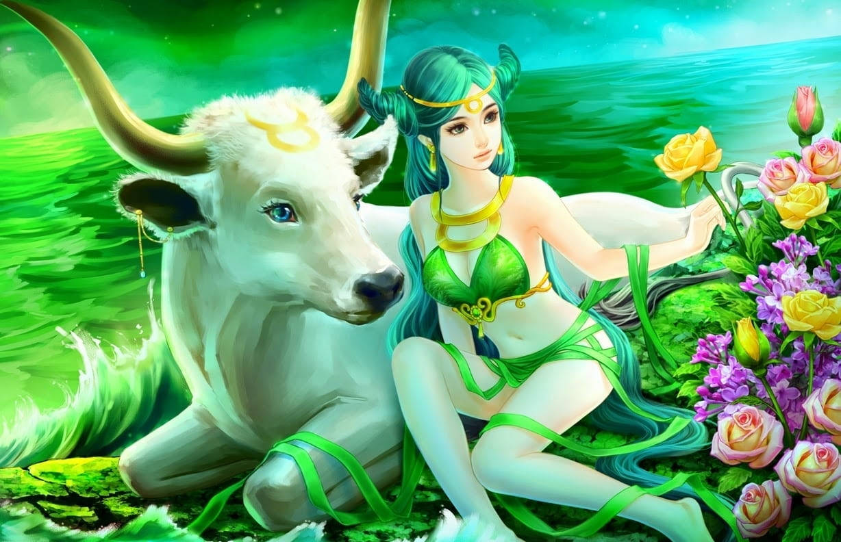 taurus 桌布 壁紙 — 一位寧靜的動漫女神，擁有青綠色頭髮，坐在一頭裝飾著金色角和絲帶的白牛旁邊，周圍是茂盛綠色田野中鮮豔的玫瑰，天空閃耀著光芒。