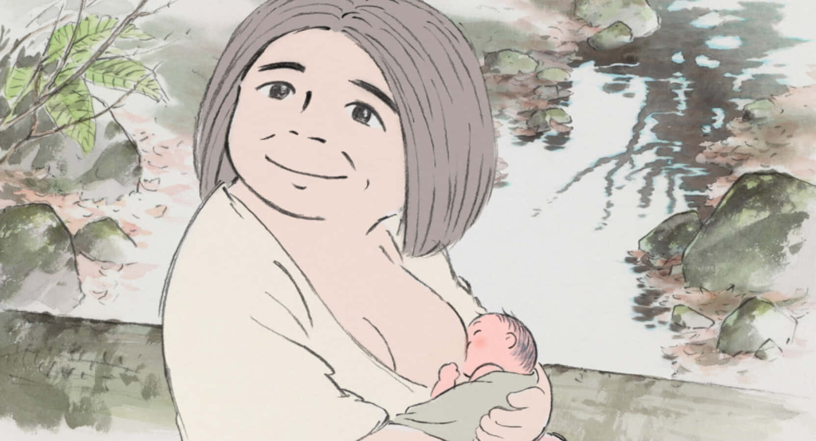 The Tale Of The Princess Kaguya 桌布 壁紙 — 一位寧靜的動漫母親微笑著抱著她的新生嬰兒，旁邊是一條平靜的河流，有岩石和綠植。