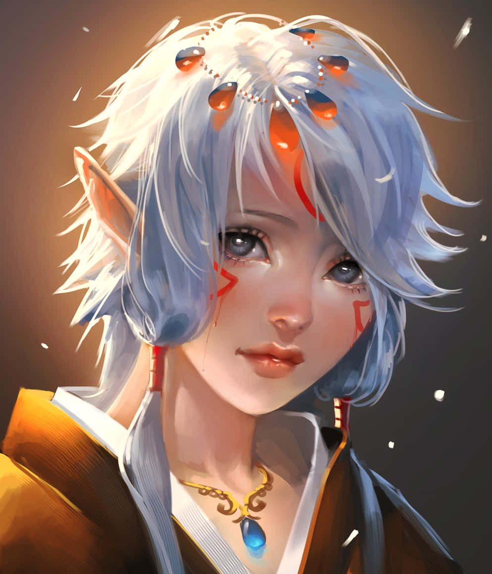 動漫藝術GIF 桌布 壁紙 — 一位寧靜的動漫精靈，銀藍色頭髮和紅色標記，溫柔地凝視，裝飾著發光的橙色寶石和藍色吊墜。
