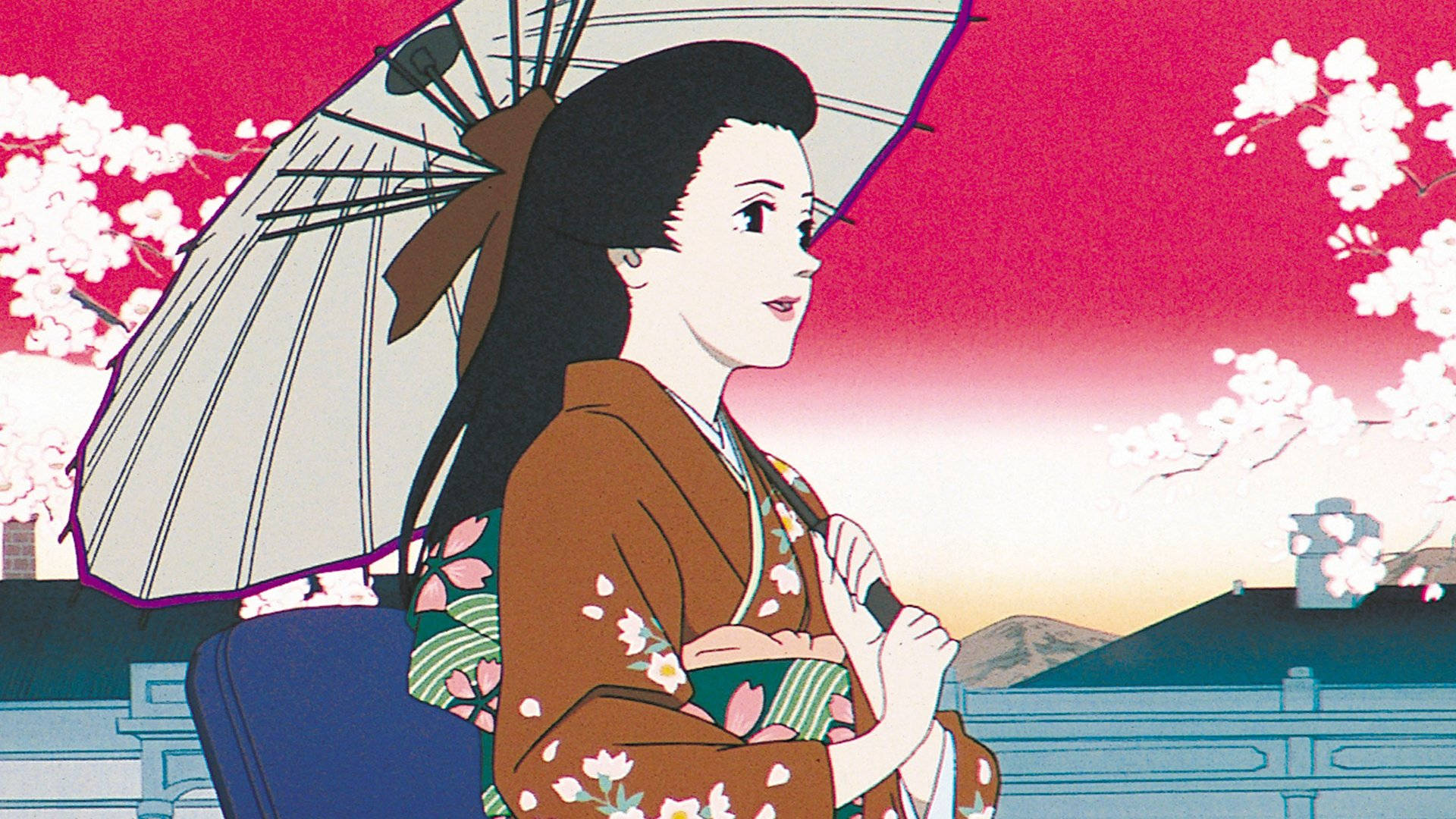 satoshi kon 桌布 壁紙 — 一位寧靜的動漫藝妓穿著花卉和服，在充滿活力的粉紅色夕陽和櫻花背景下撐著紙傘。