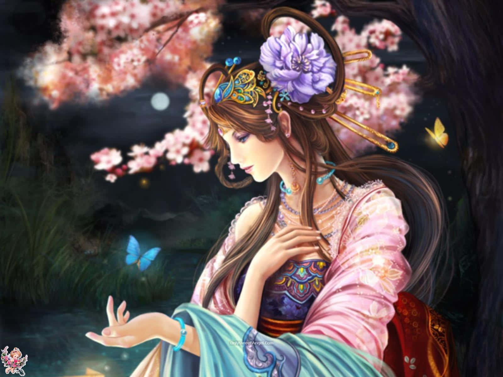 Beautiful Anime 桌布 壁紙 — 一位寧靜的動漫風格女子，身穿華麗的粉紅與藍色長袍，坐在發光的櫻花樹下，蝴蝶在她周圍翩翩起舞。