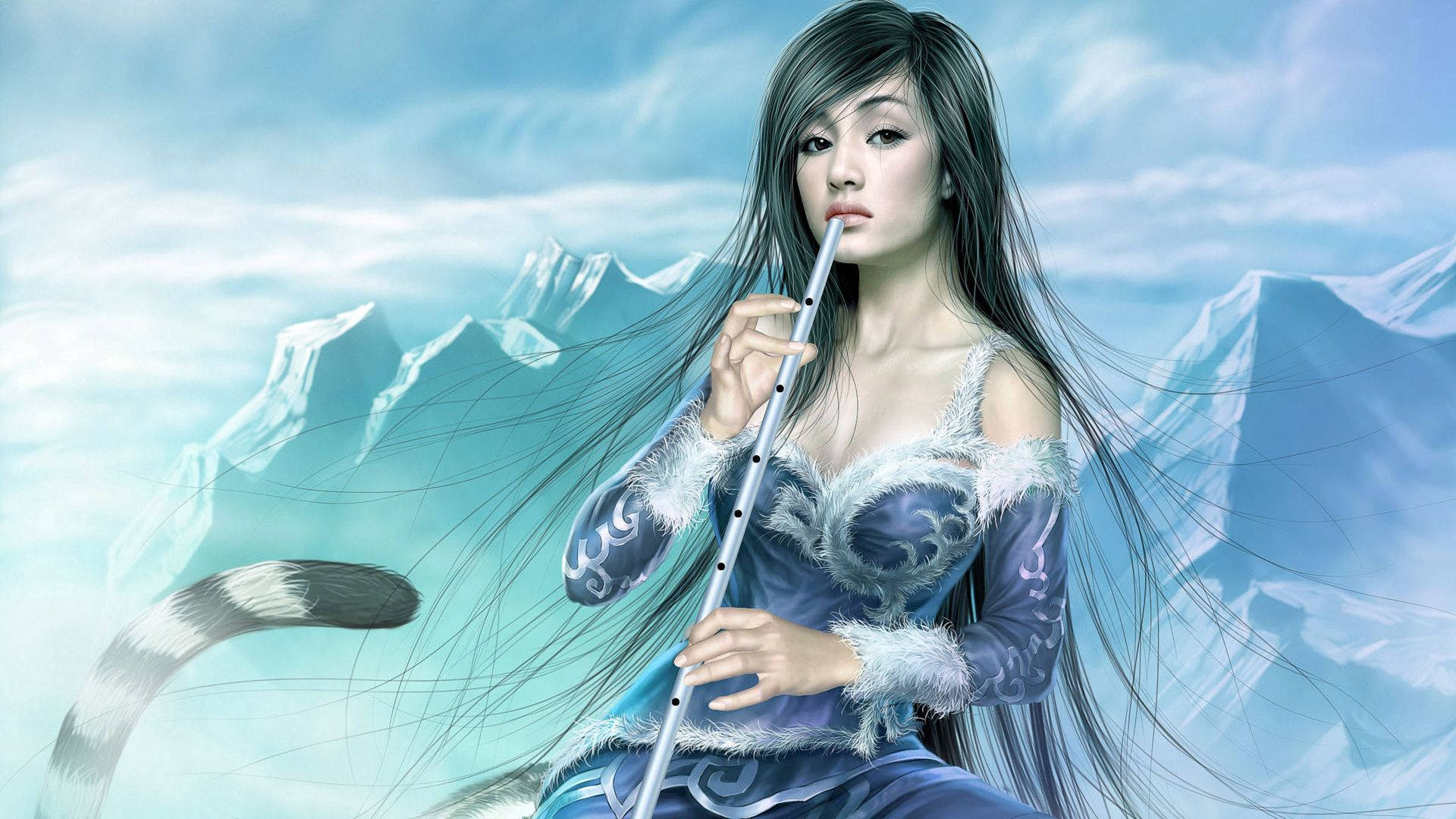 Warrior 桌布 壁紙 — 一位寧靜的動漫風格女子，長長的黑髮，在冰山和 swirling 雲朵的背景下吹奏長笛。