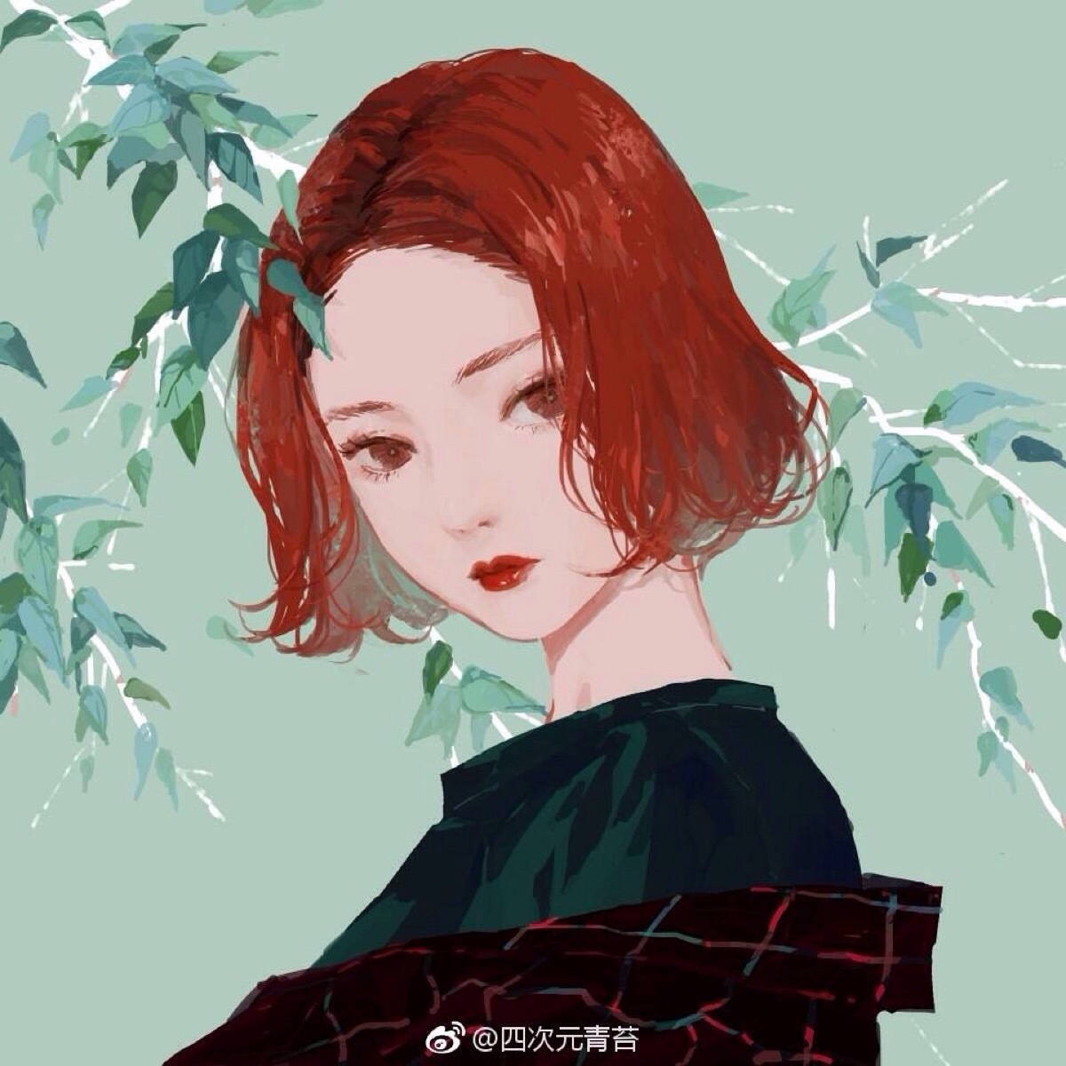 Animated Girl 桌布 壁紙 — 一位寧靜的動漫風格女孩，擁有火紅的頭髮和柔軟的綠色樹葉，襯托著她溫柔的目光。