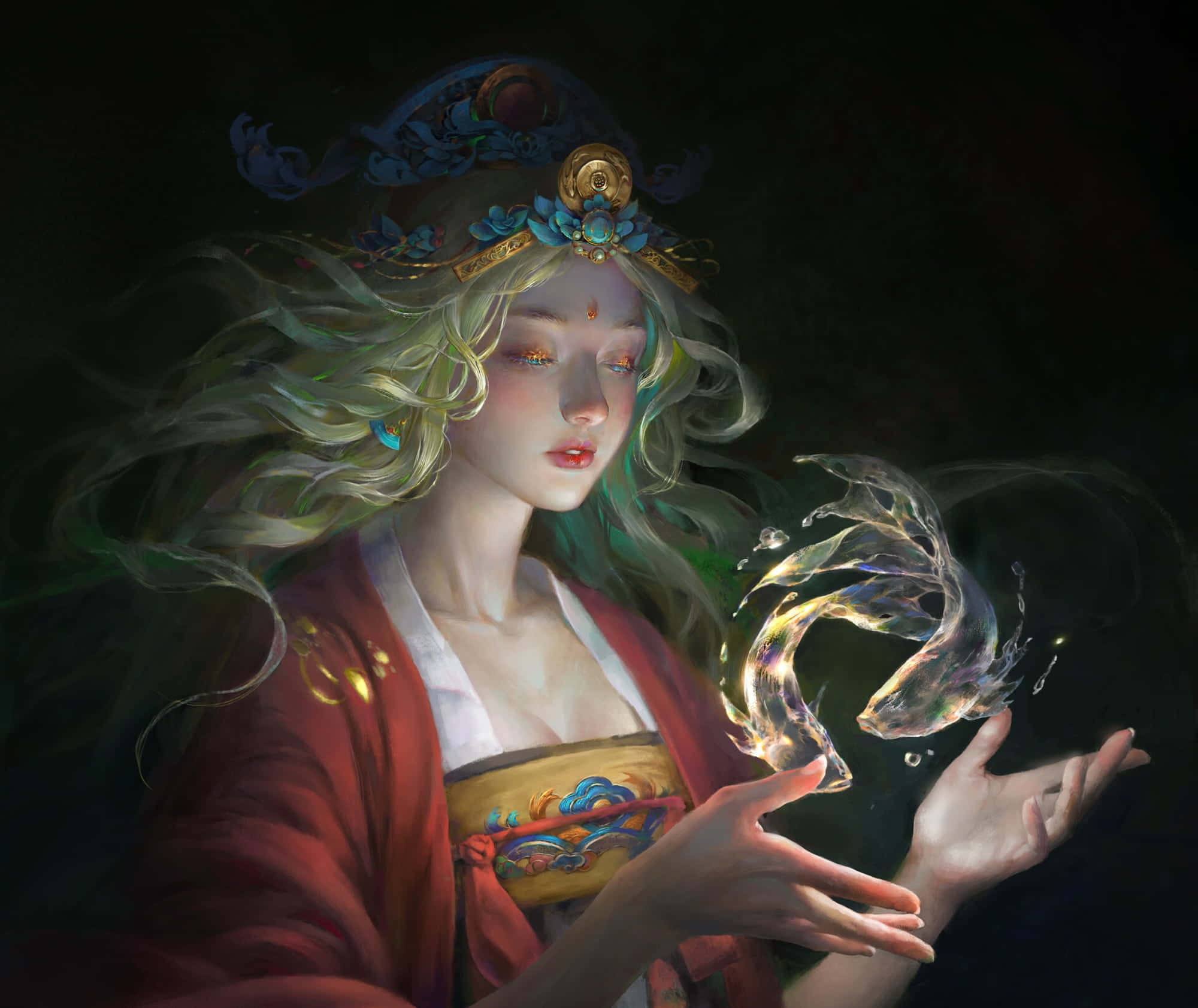 桌布 壁紙 — 一位寧靜的動漫風格女性，擁有飄逸的綠色長髮和華麗的頭飾，在黑暗的背景中，雙手輕輕捧著一個發光、半透明的龍靈。