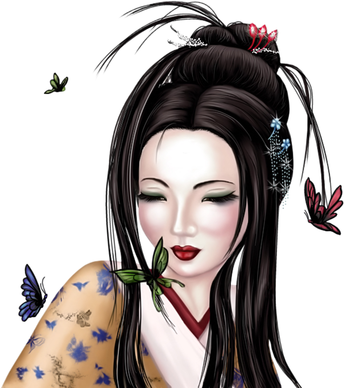Geisha 桌布 壁紙 — 一位寧靜的動漫風格女性，身穿傳統服飾，飾有蝴蝶和花卉髮夾，背景為黑色。