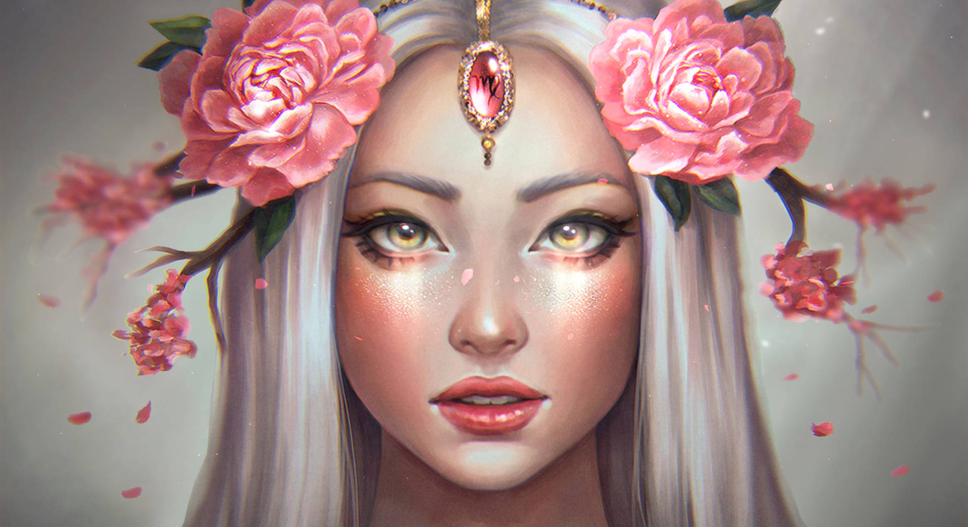 zodiac 桌布 壁紙 — 一位寧靜的動漫風格女性，銀色頭髮上飾有粉紅玫瑰和寶石頭飾，周圍環繞著飄落的花瓣。